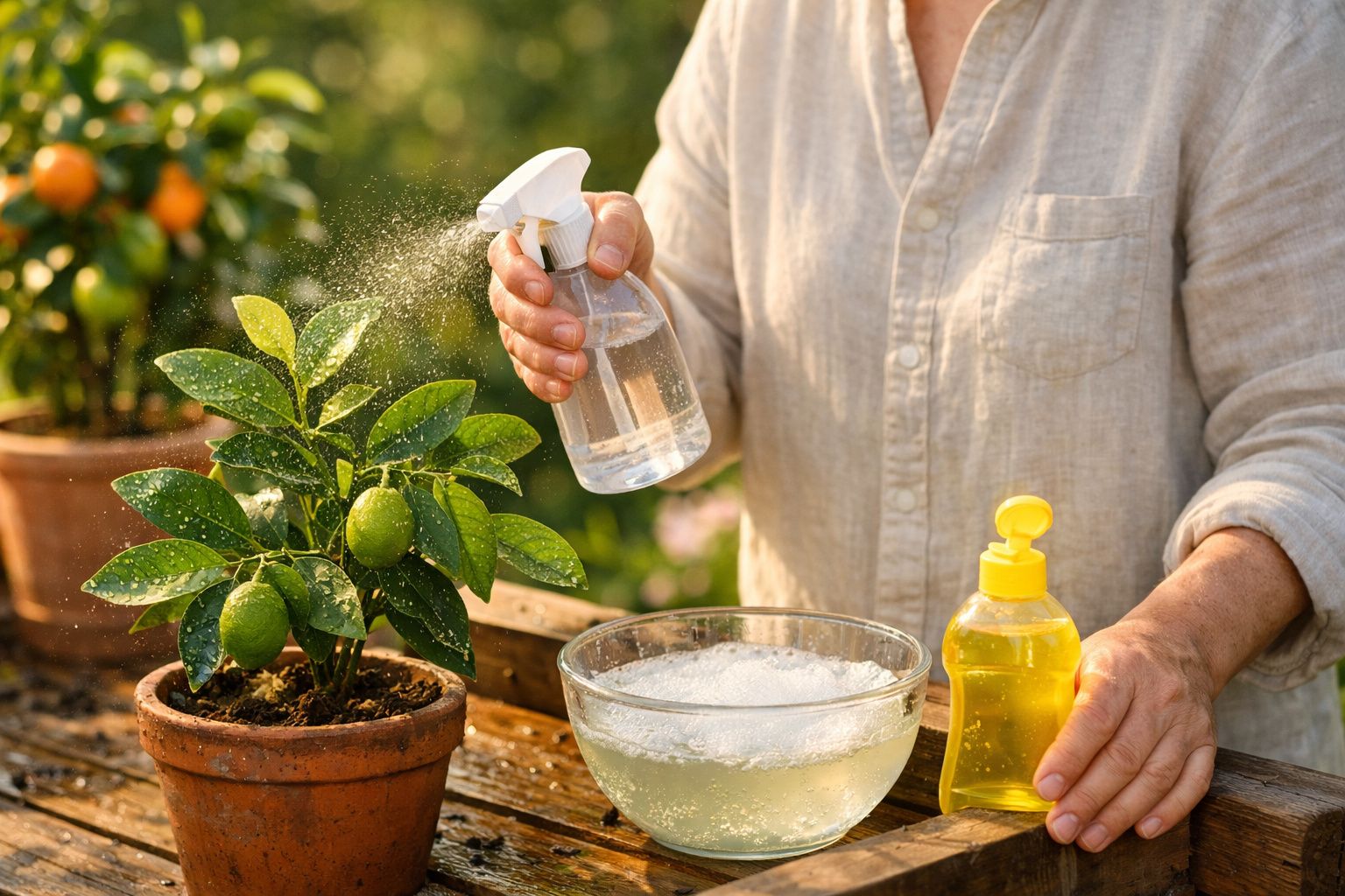 Pessoa a borrifar água numa planta de lima em vaso, com garrafa amarela e taça com líquido espumoso.