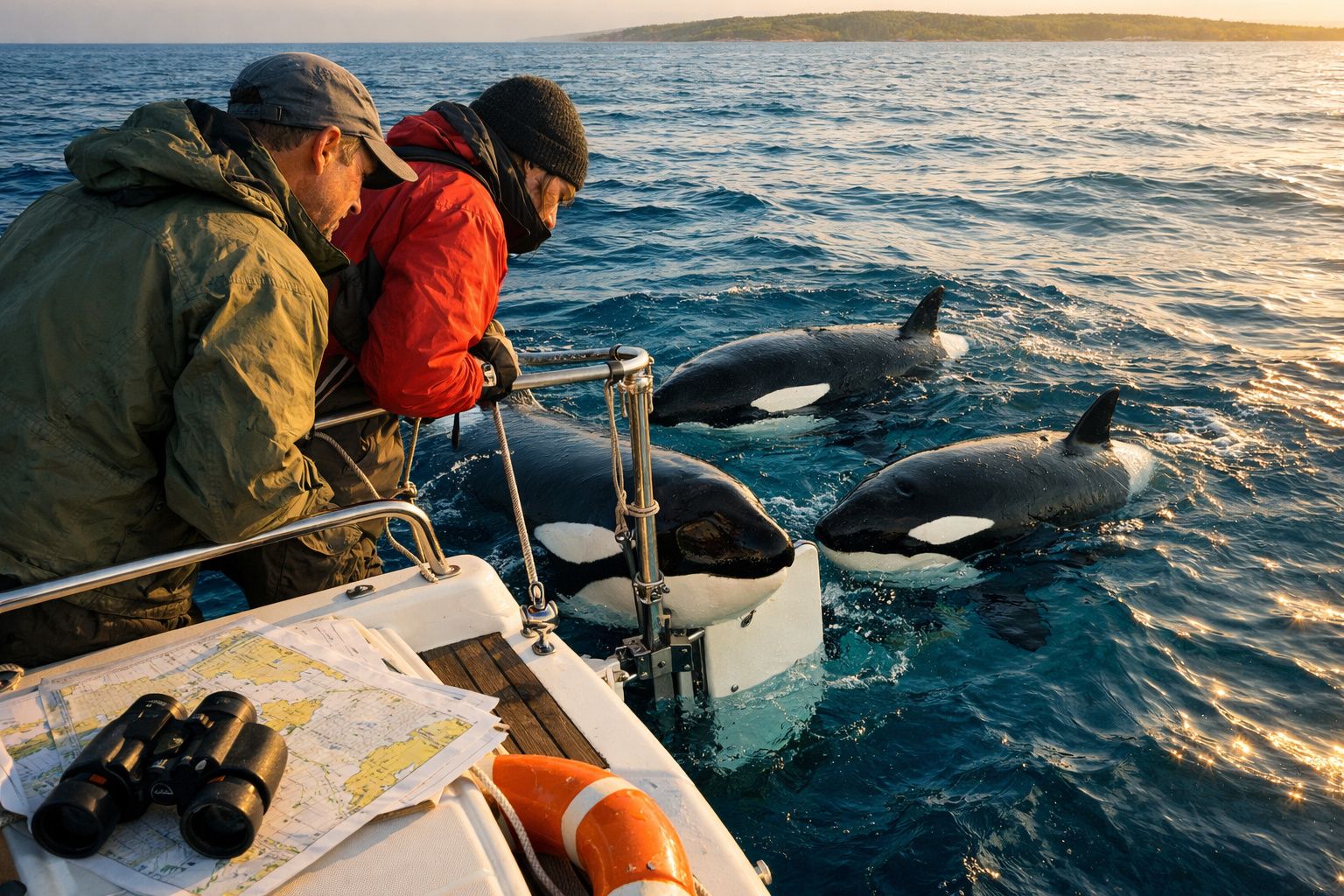 Dois homens num barco observam três orcas próximas à superfície da água ao pôr do sol.