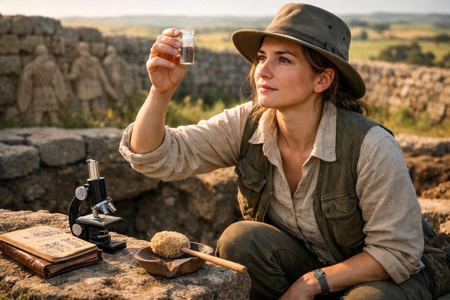 Mulher arqueóloga analisa amostra em frasco com microscópio e caderno em escavação arqueológica ao ar livre.