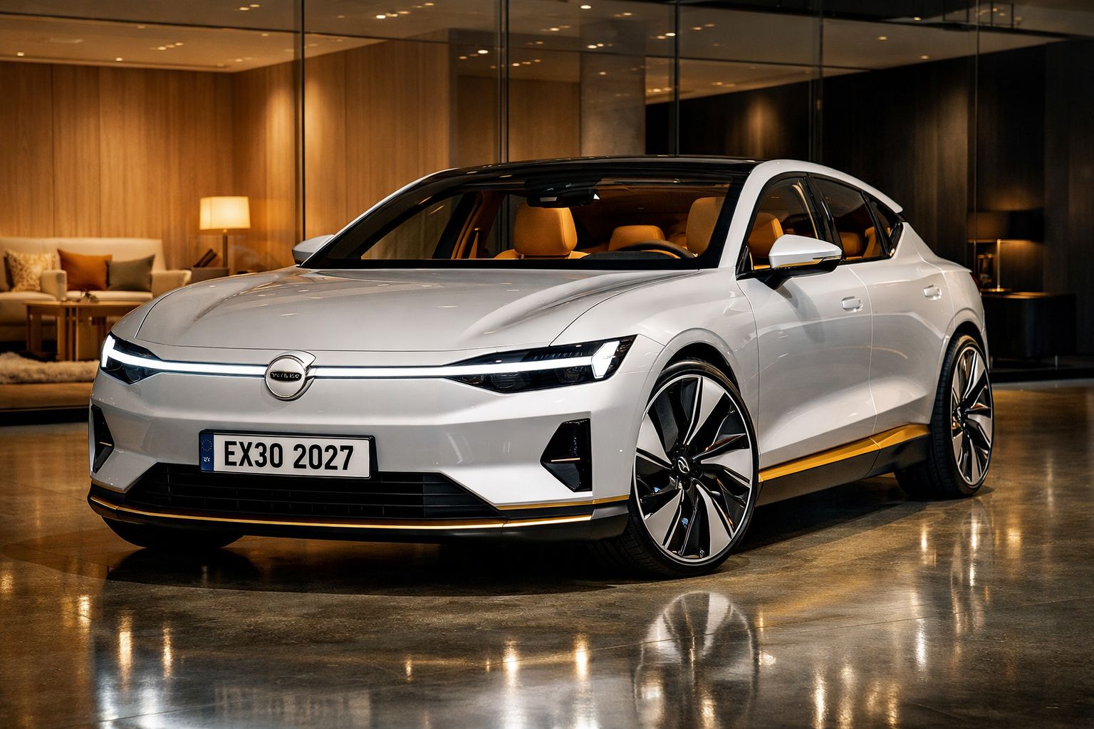 Carro elétrico branco Volvo EX30 2027 em ambiente interno moderno com reflexos no chão.
