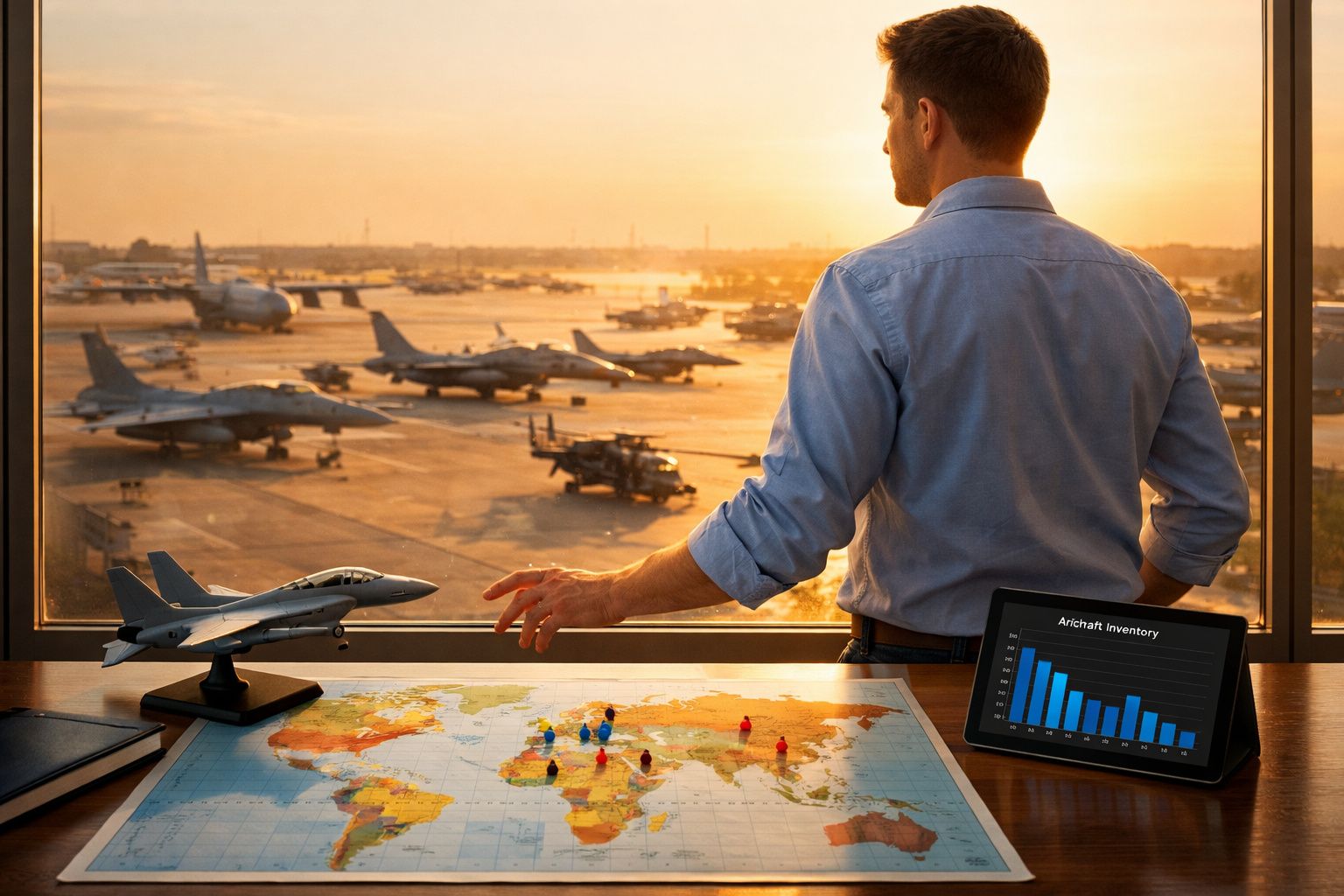 Homem observa aeroporto ao pôr do sol com mapa, avião em miniatura e gráfico de inventário num tablet.