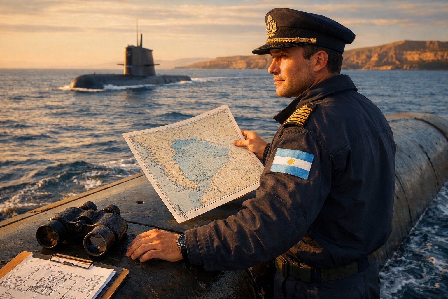 Oficial da marinha argentina em fato azul examina mapa a bordo de submarino no mar com outro submarino ao fundo.