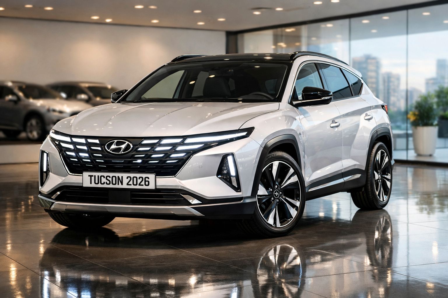 Carro Hyundai Tucson 2026 branco, SUV moderno em showroom com chão refletor e janelas amplas.