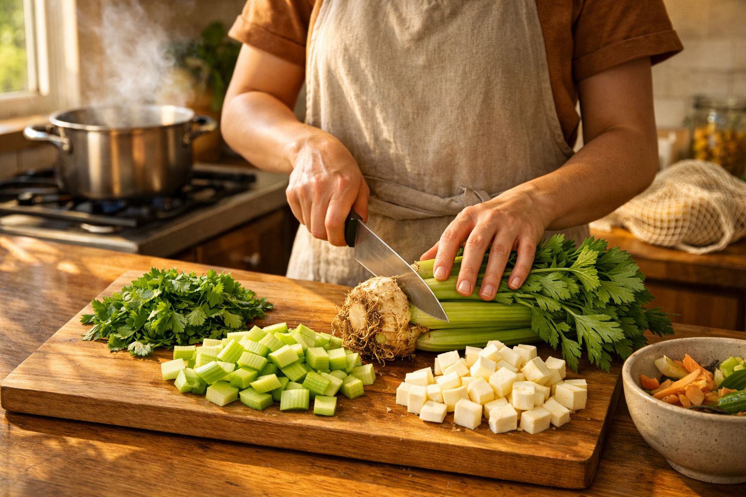 Pessoa a cortar aipo fresco numa tábua de madeira com legumes picados e panela a ferver ao fundo.