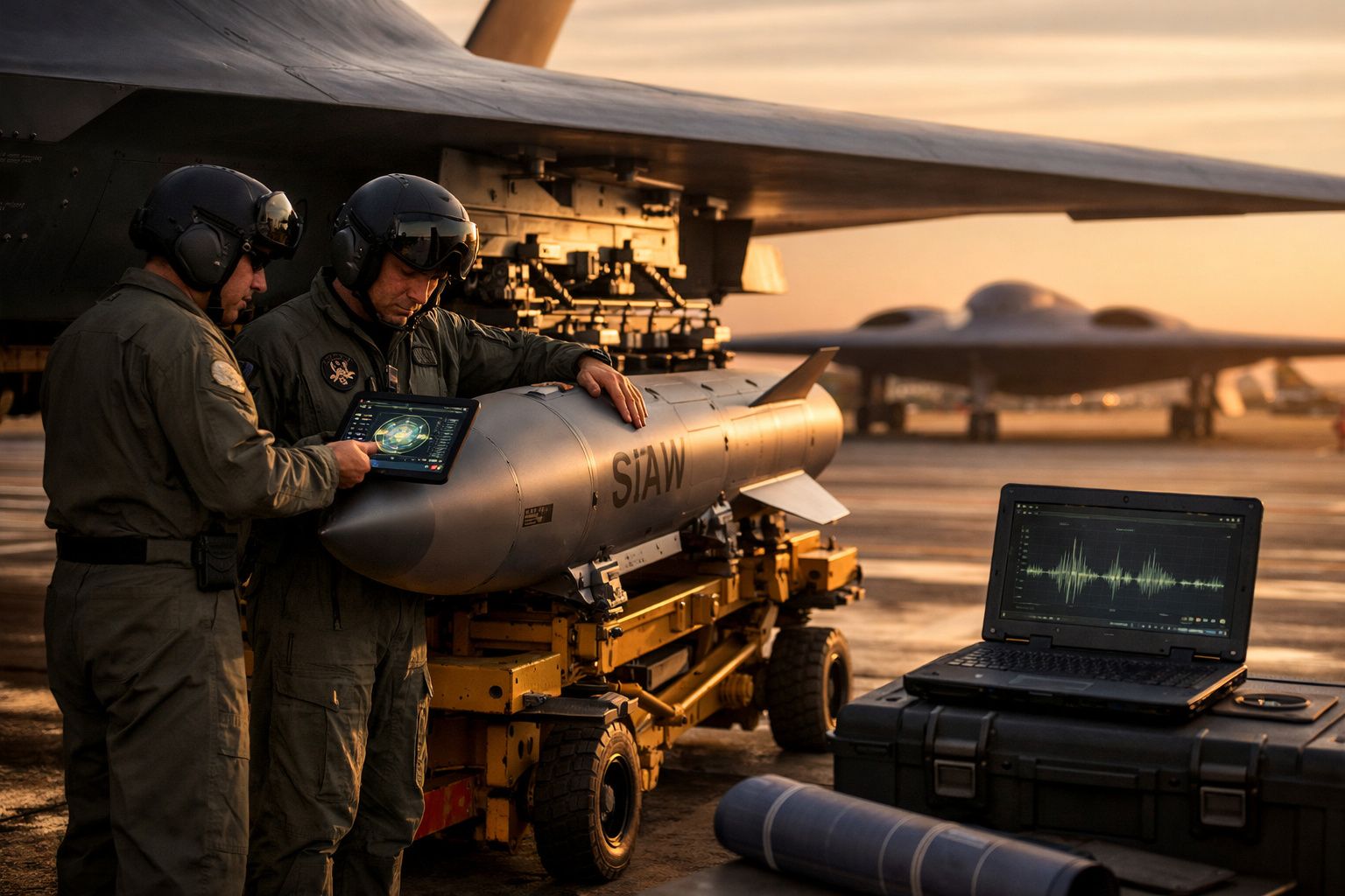 Dois militares com capacetes analisam dados num dispositivo junto a bomba aérea montada em veículo no pôr do sol.