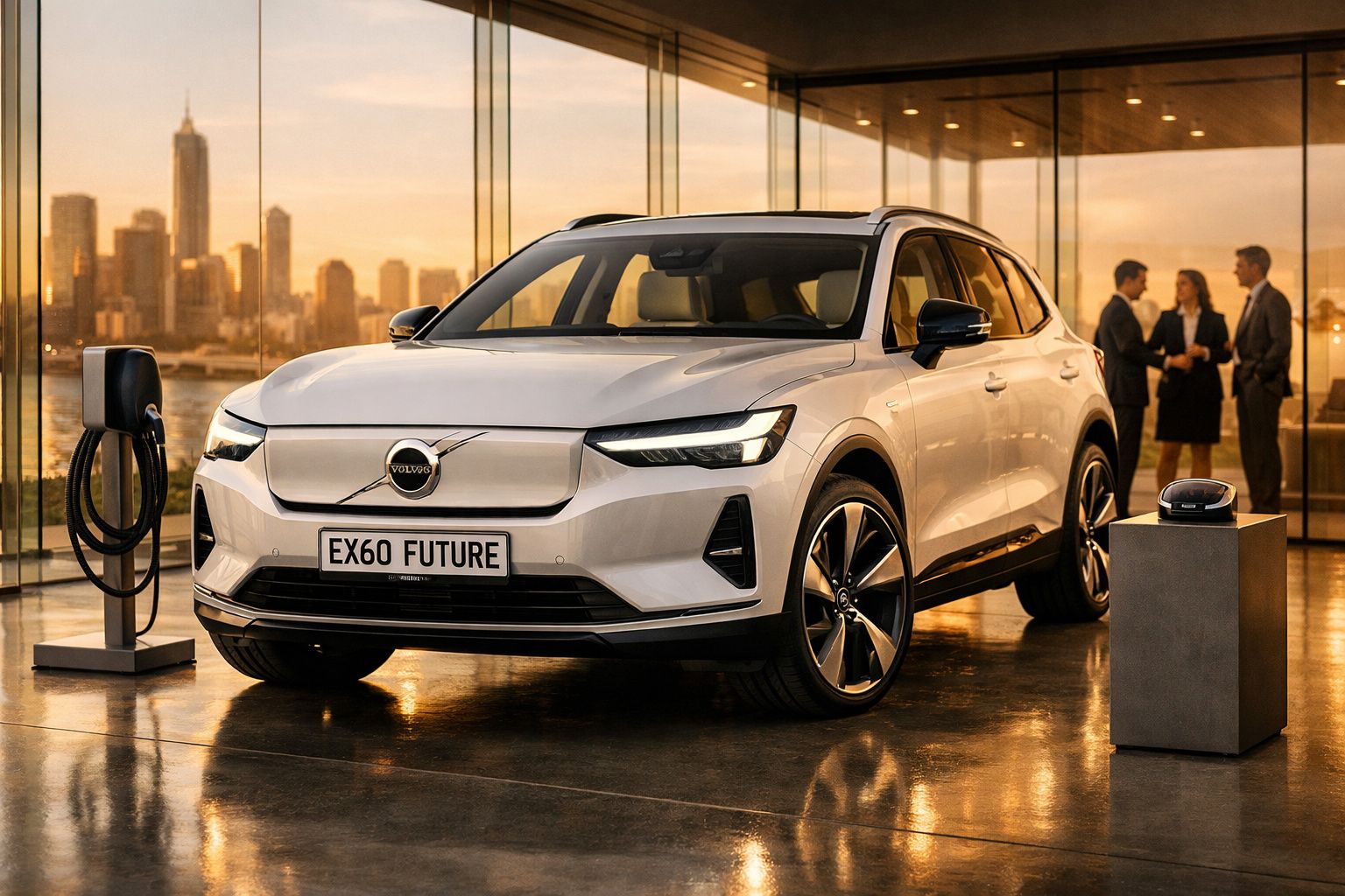 Carro elétrico branco Volvo EX60 estacionado numa sala com vidros e pessoas ao fundo, ao pôr do sol.