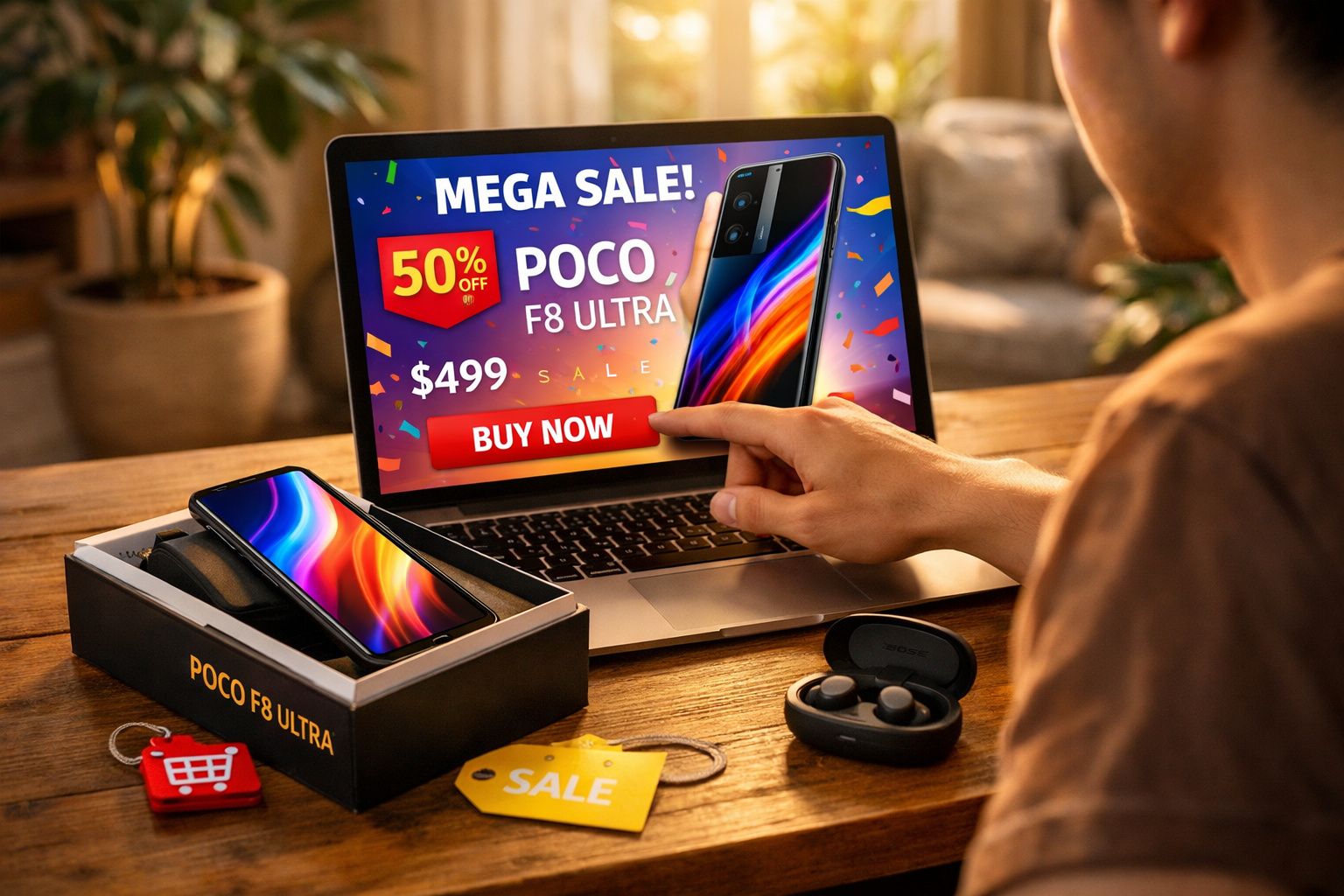 Pessoa a comprar telemóvel POCO F8 Ultra com desconto de 50% num computador portátil.