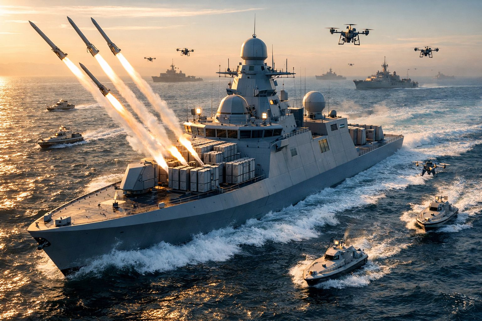 Navio de guerra em mar aberto com mísseis a ser lançados, escoltado por barcos pequenos e drones no céu.