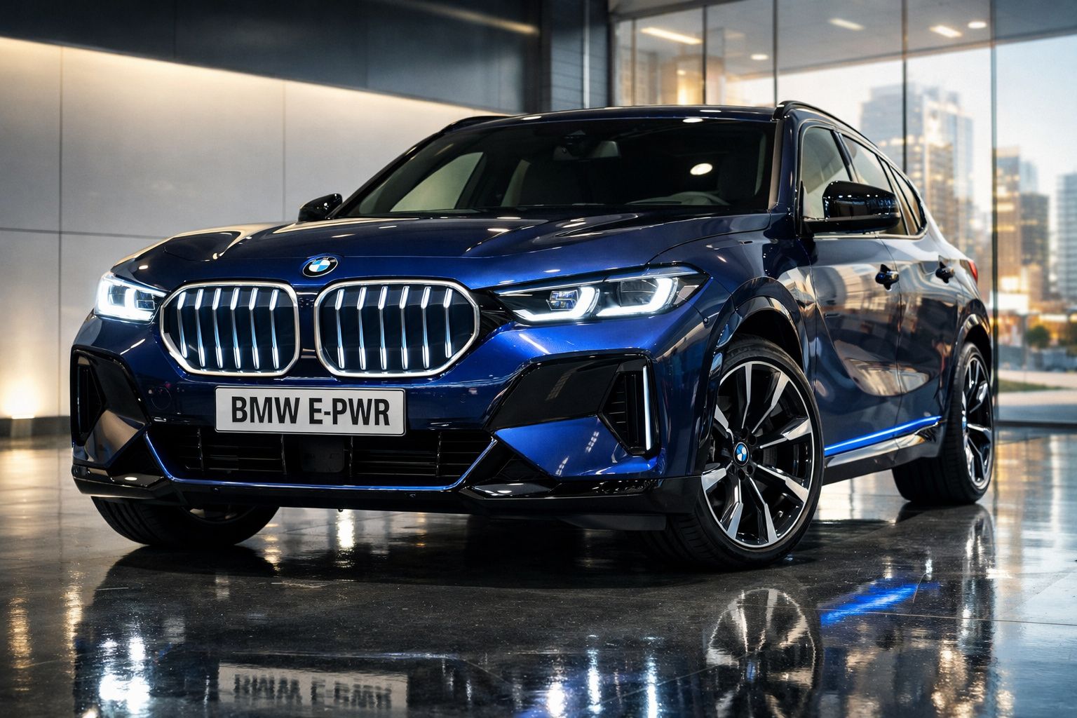 Carro BMW azul elétrico estacionado em piso refletivo com fundo urbano de edifícios modernos.