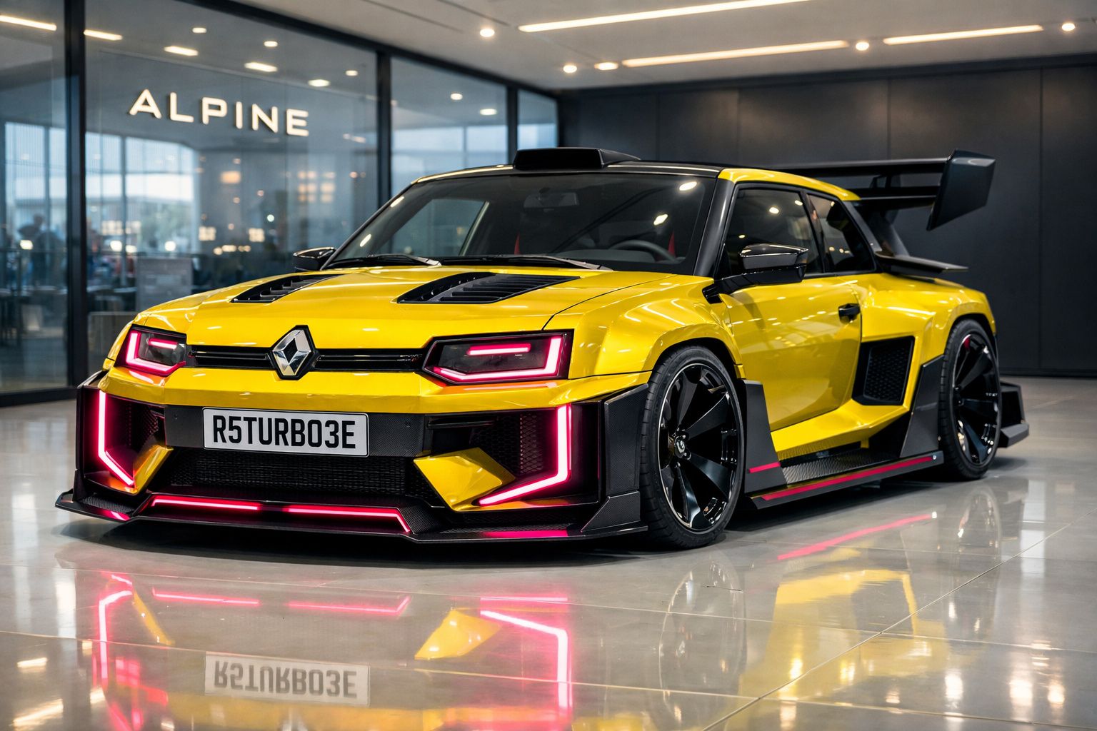 Carro desportivo amarelo Renault com detalhes em preto e luzes LED vermelhas em showroom moderno.