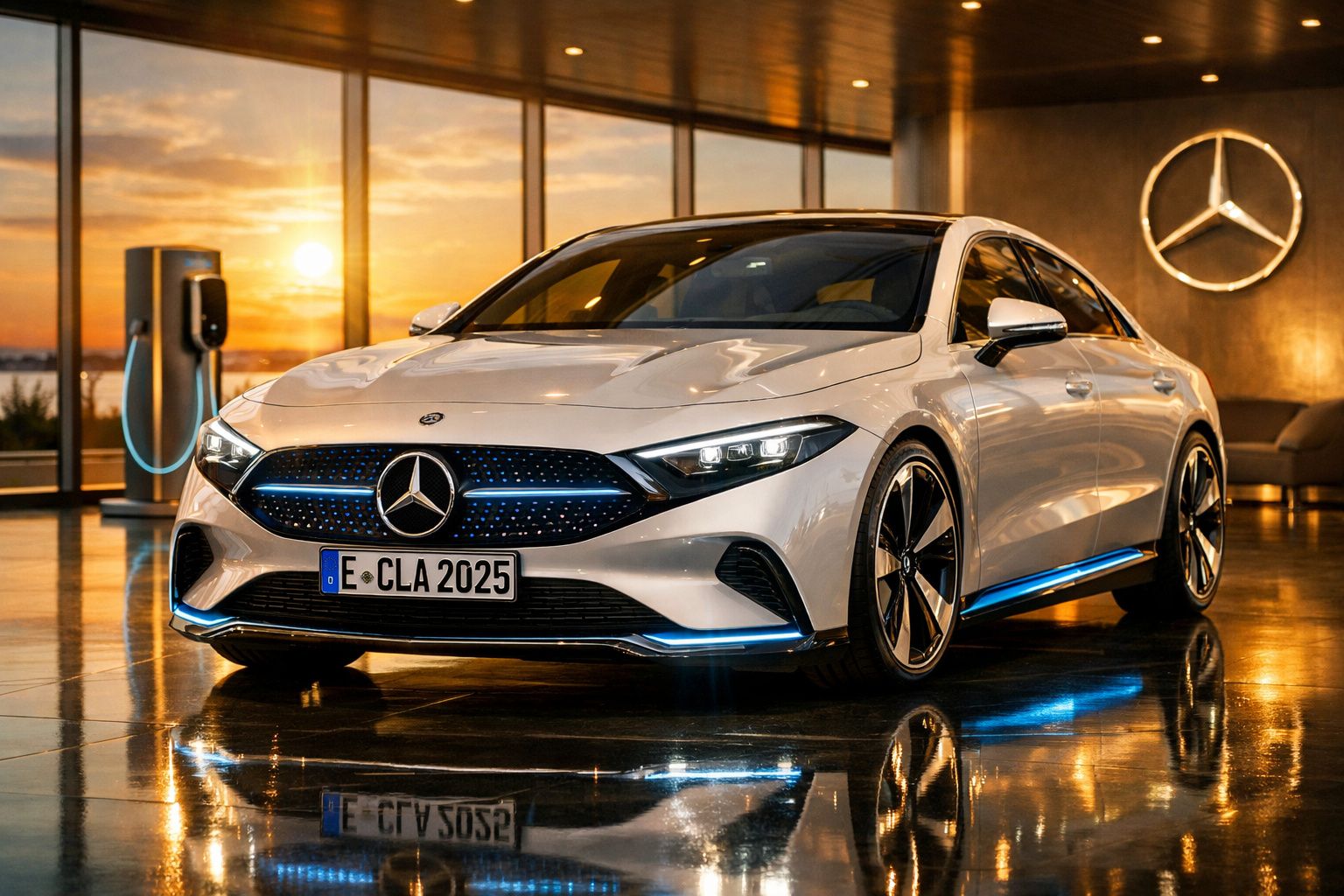 Automóvel Mercedes-Benz elétrico branco estacionado em sala moderna com pôr do sol ao fundo.