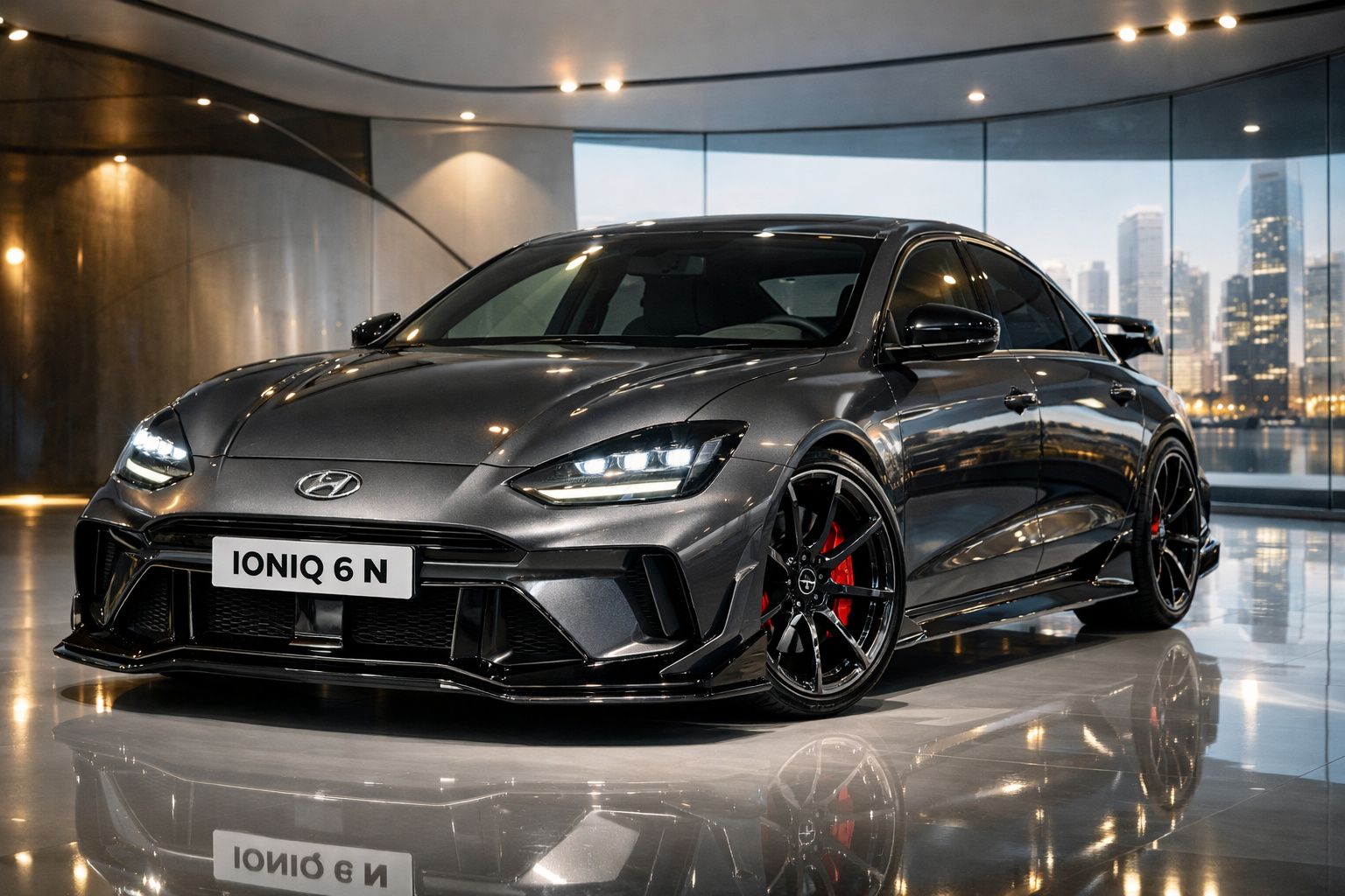 Carro desportivo Hyundai Ioniq 6 N cinza metálico estacionado num espaço moderno e iluminado.