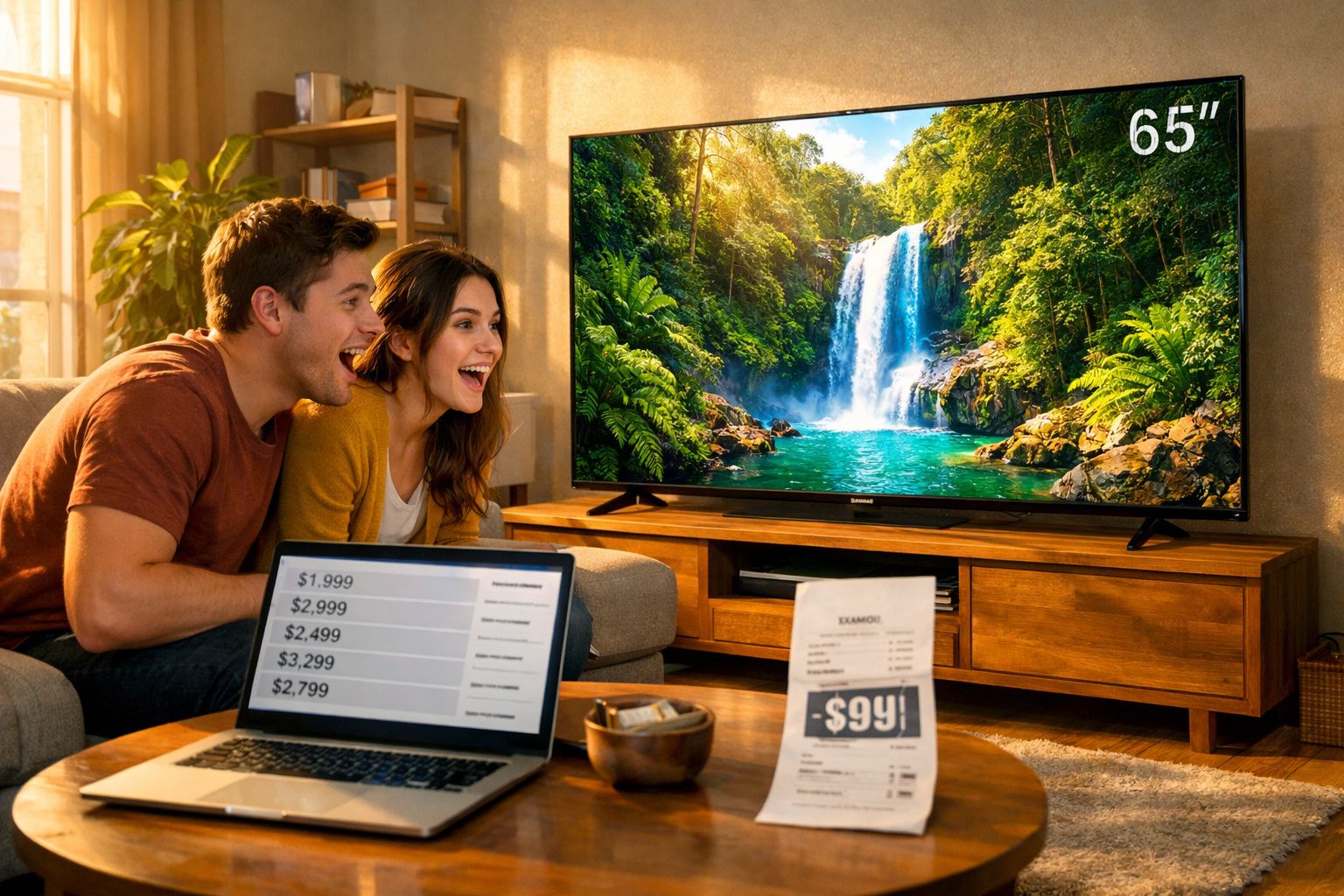 Casal entusiasmado a comprar uma televisão 65" online numa sala acolhedora e iluminada.
