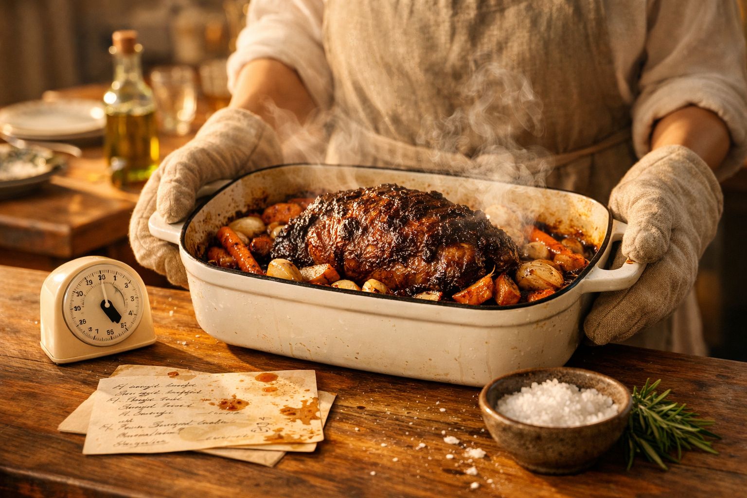 Pessoa com luvas a segurar travessa com carne assada fumegante, rodeada de legumes, num ambiente rústico.