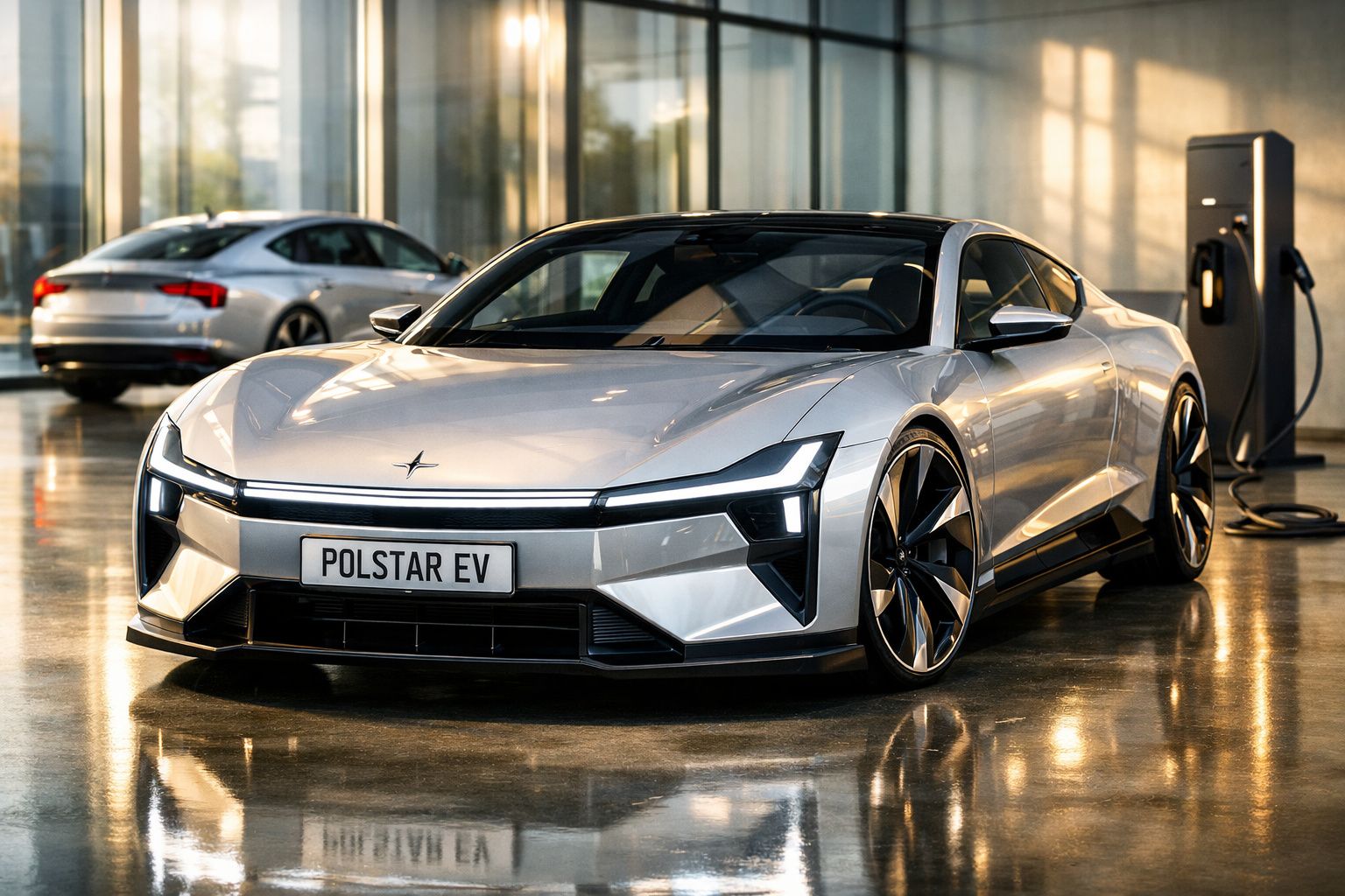 Carro elétrico Polestar EV prata estacionado numa garagem com chão refletor e posto de carregamento.