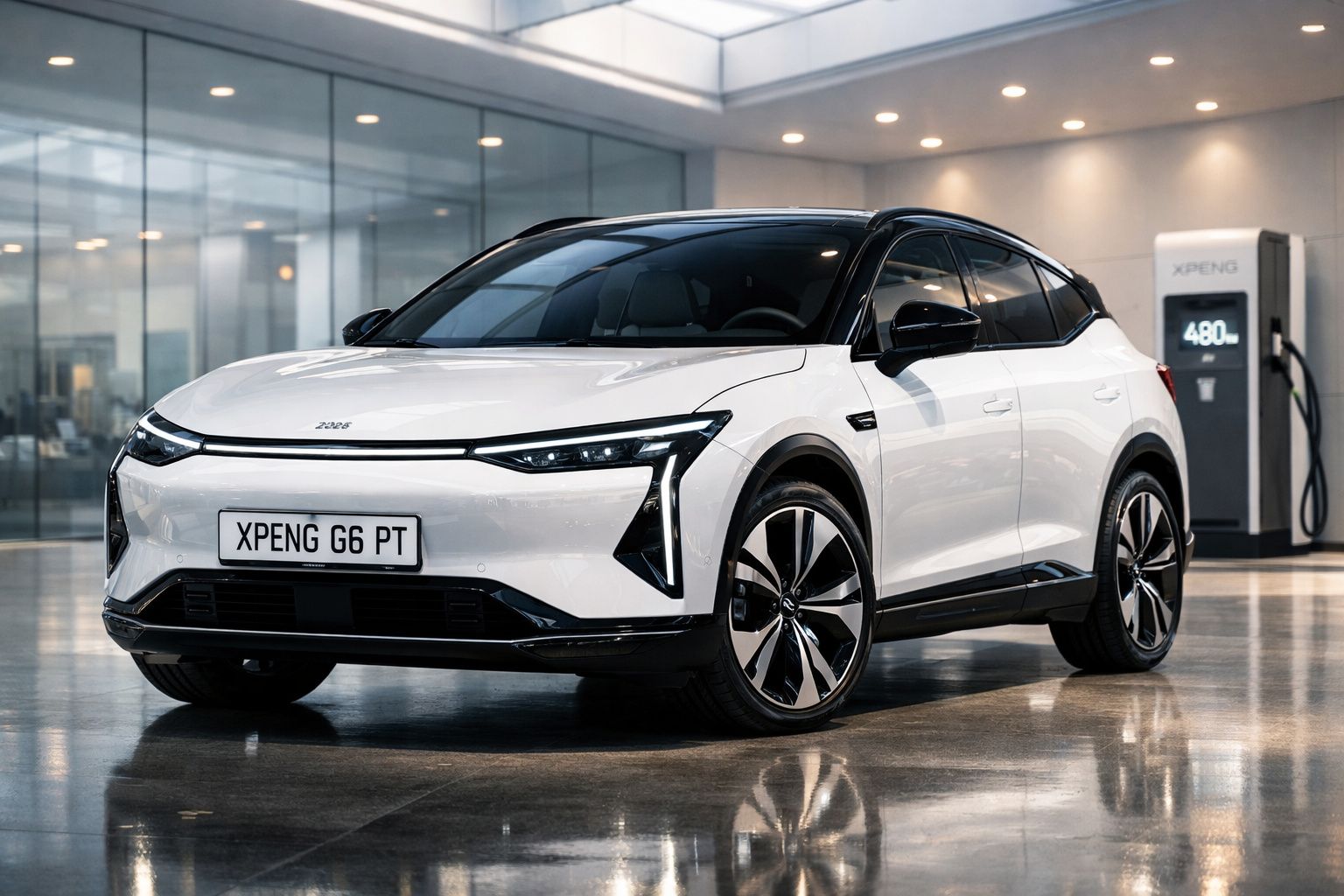 Carro elétrico branco XPeng G6 PT estacionado em showroom moderno com parede de vidro e posto de carregamento.