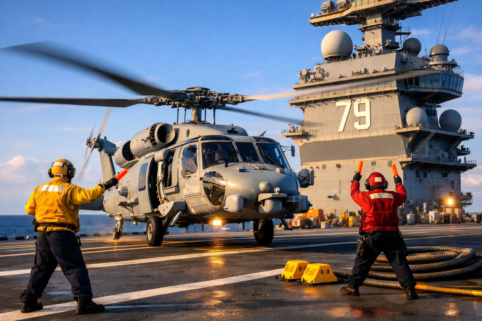 Helicóptero militar a aterrar no convés de um porta-aviões com dois soldados a sinalizar.