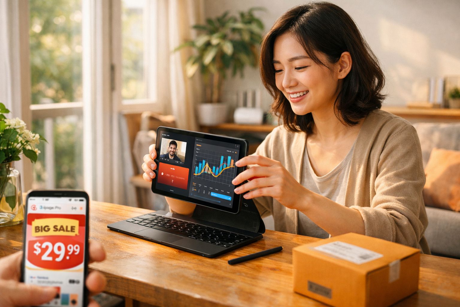 Mulher sorridente a usar tablet com gráficos e vídeo chamada, enquanto outra pessoa mostra promoção no telemóvel.