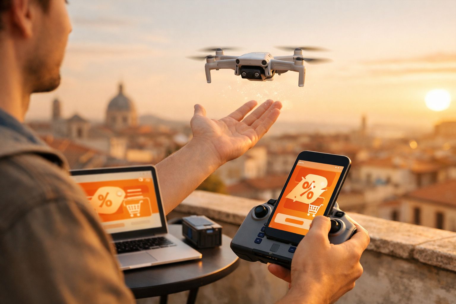 Pessoa controla drone com comando, ao pôr do sol, com portátil aberto numa mesa ao lado mostrando descontos online.