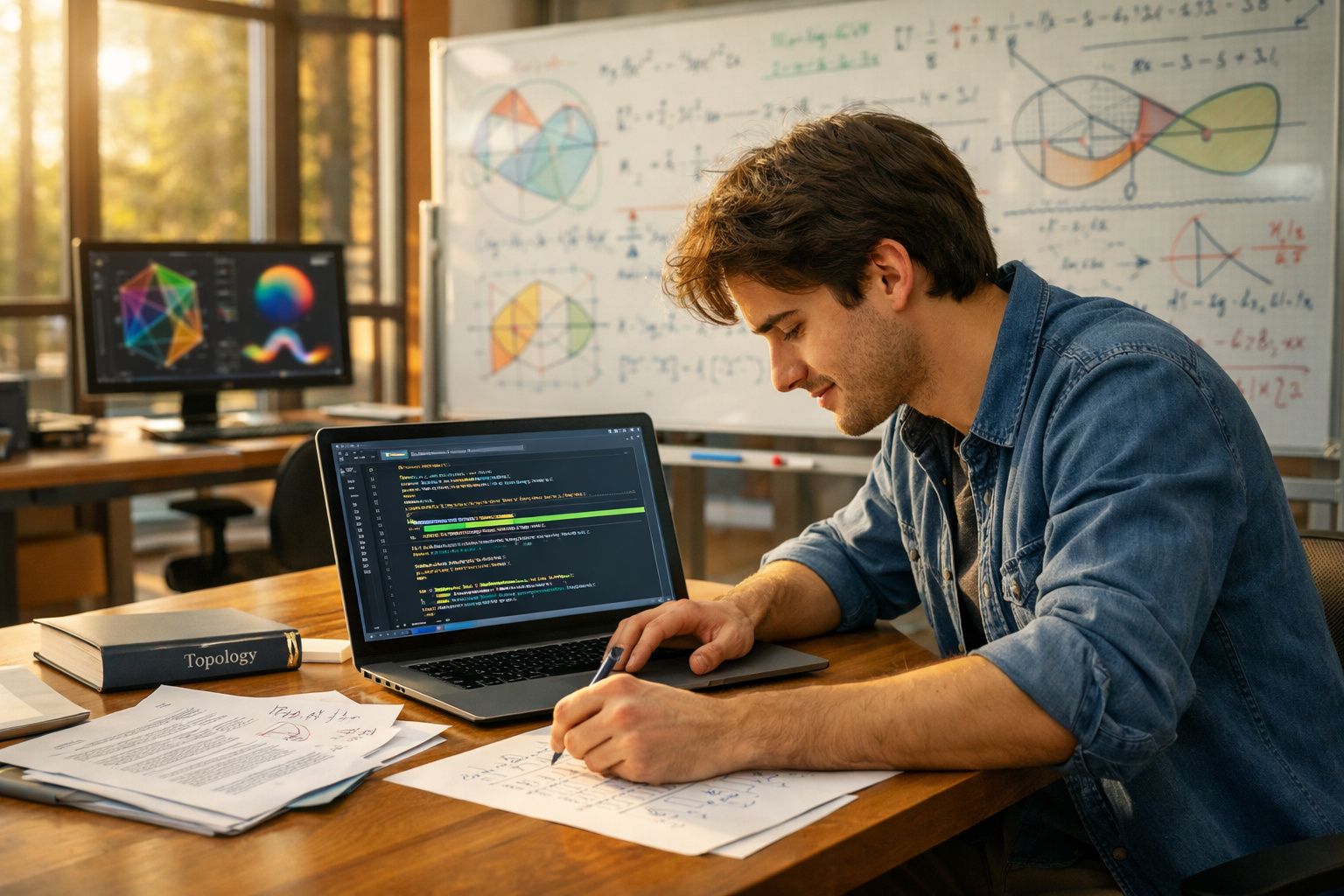 Homem jovem a resolver equações matemáticas, com computador e livros numa mesa, em sala de estudo.