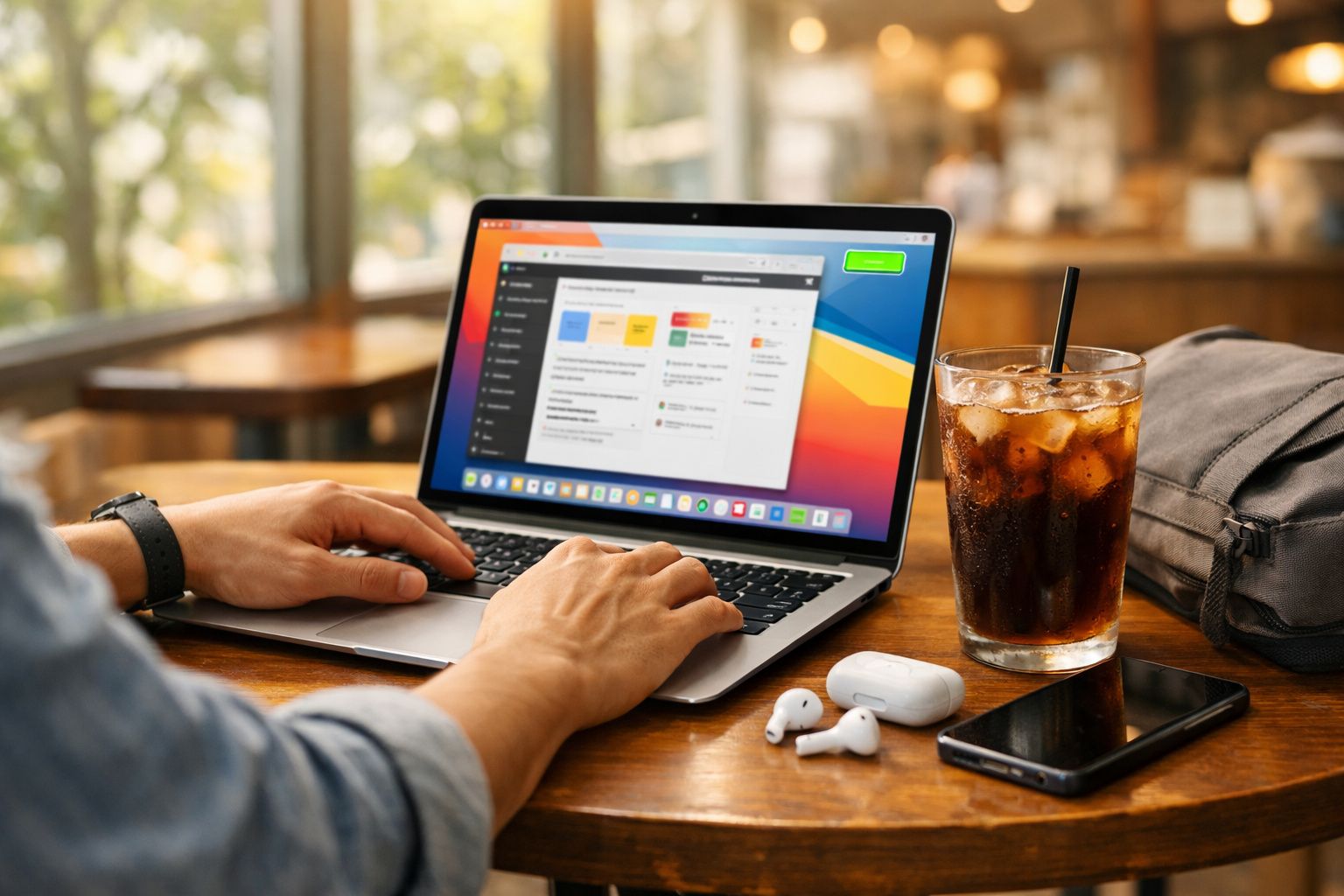 Pessoa a usar computador portátil numa mesa com bebida, auriculares e telemóvel num ambiente luminoso e acolhedor