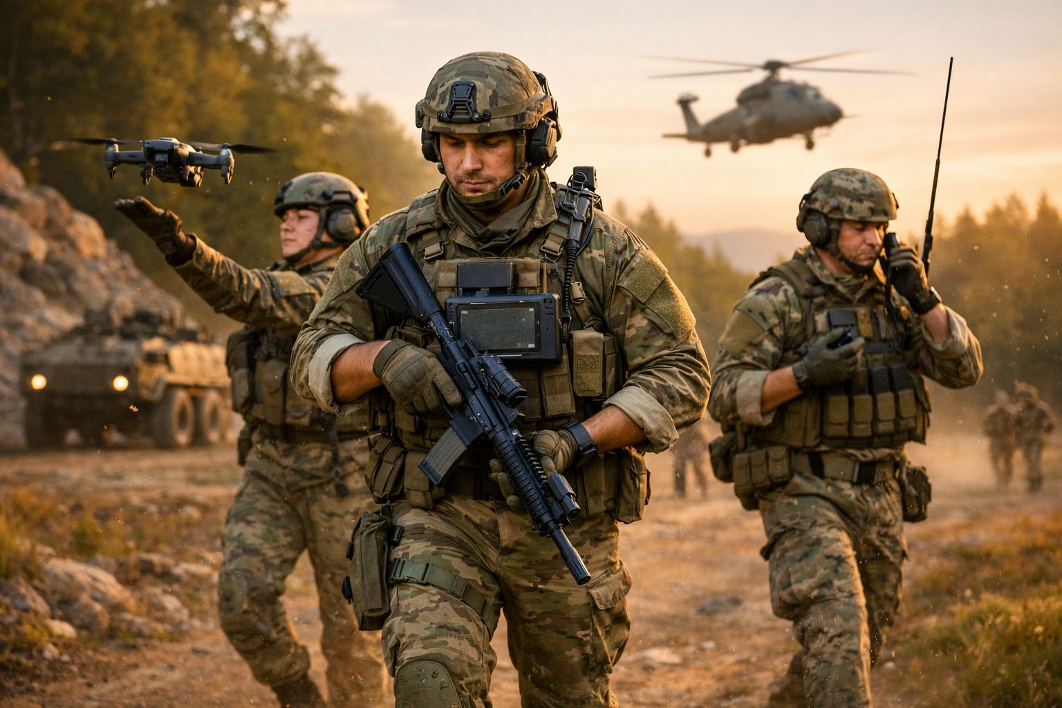 Soldados em uniforme camuflado com equipamento militar avançado em operação ao ar livre ao entardecer.