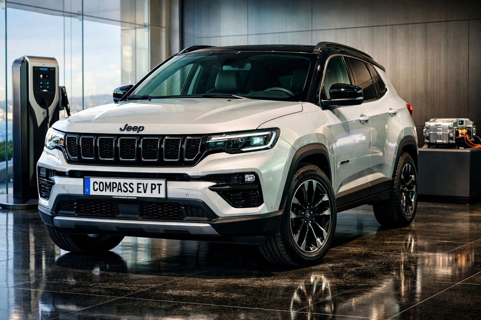 Jeep Compass elétrico branco estacionado junto a posto de carregamento interior com piso brilhante.