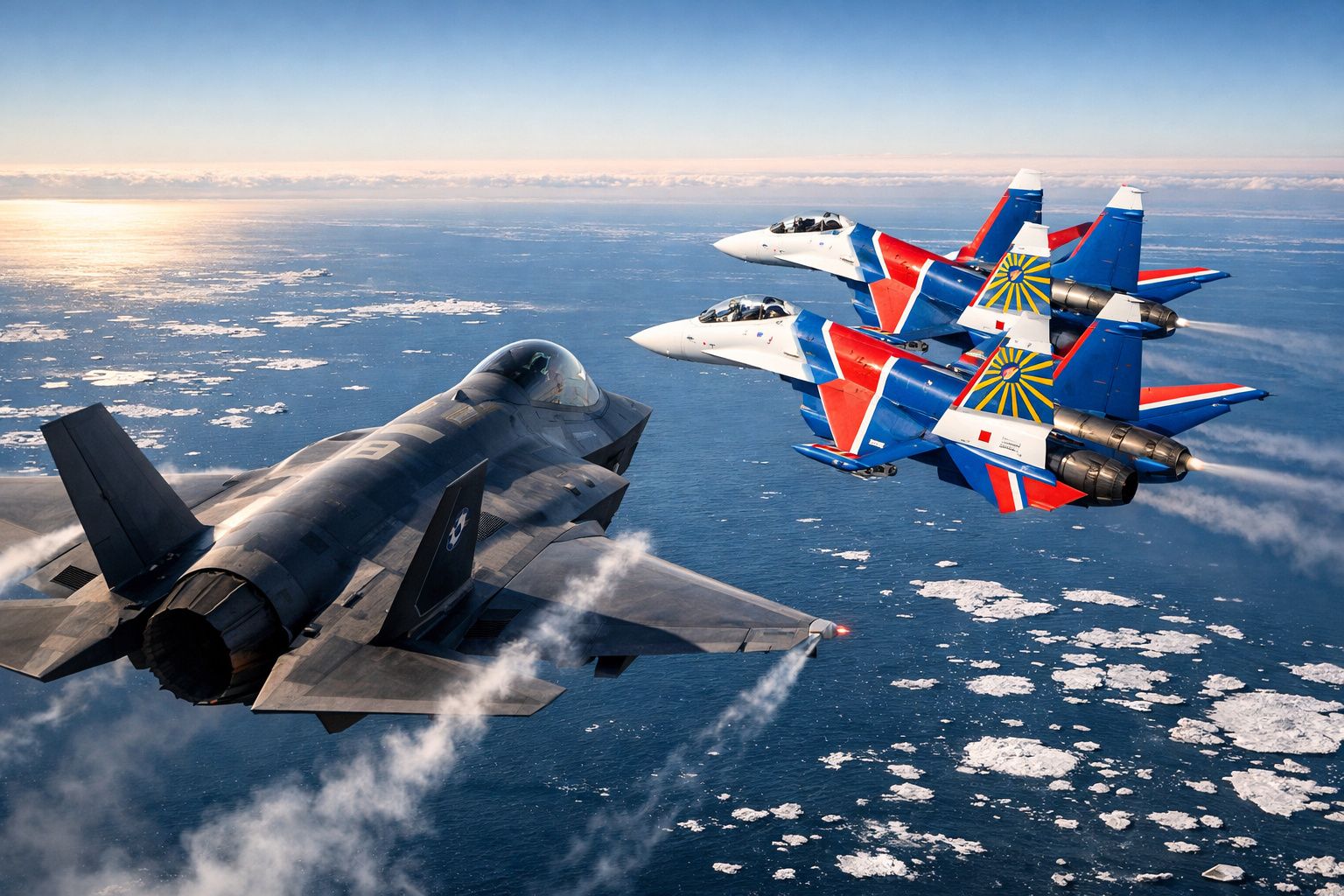 Três aviões militares a sobrevoar o oceano, dois com pintura azul, branca e vermelha e um cinzento escuro.