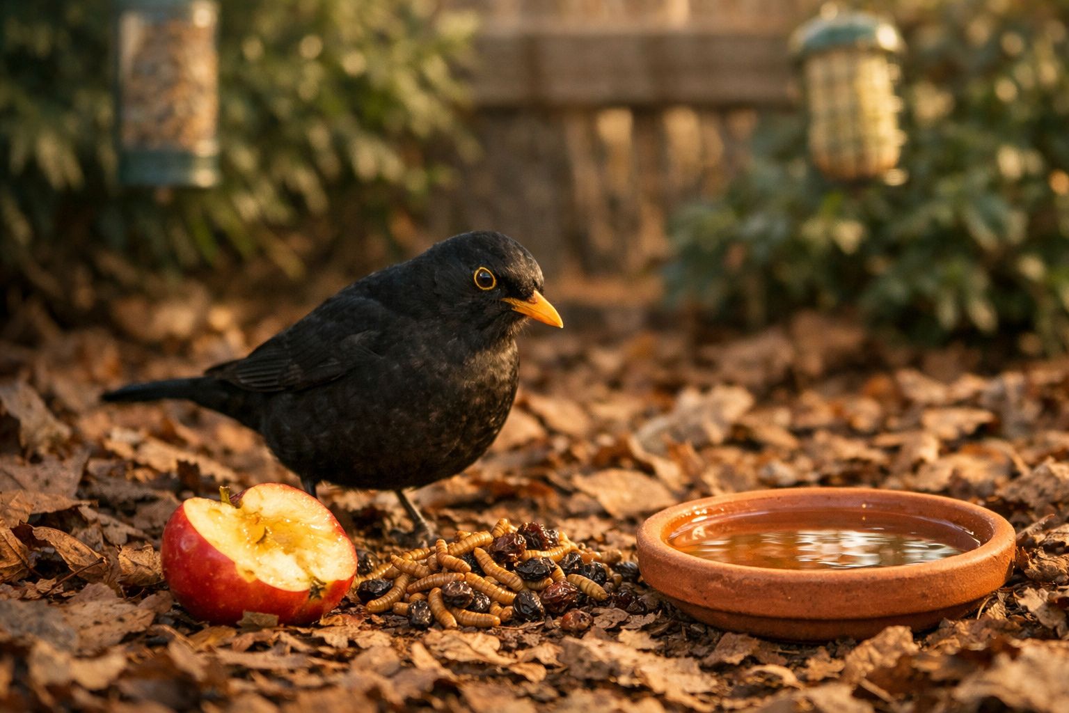 Melro-preto junto a maçã, minhocas e um prato com água num solo coberto de folhas secas.