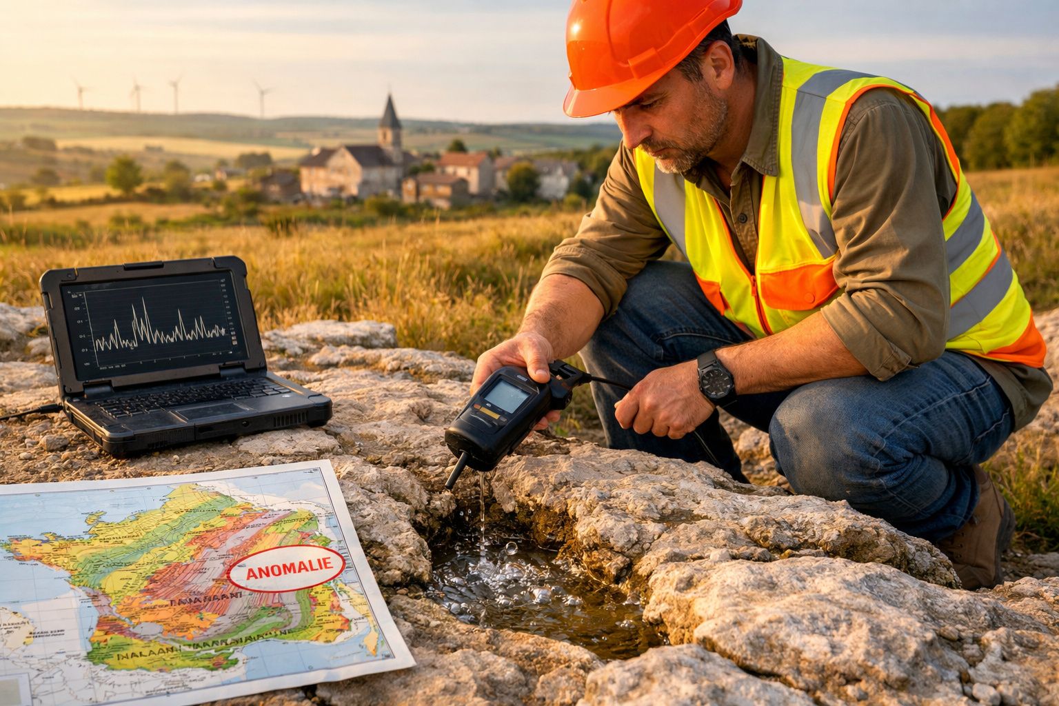Geólogo com colete e capacete a medir água numa nascente, com mapa e laptop ao lado no campo.