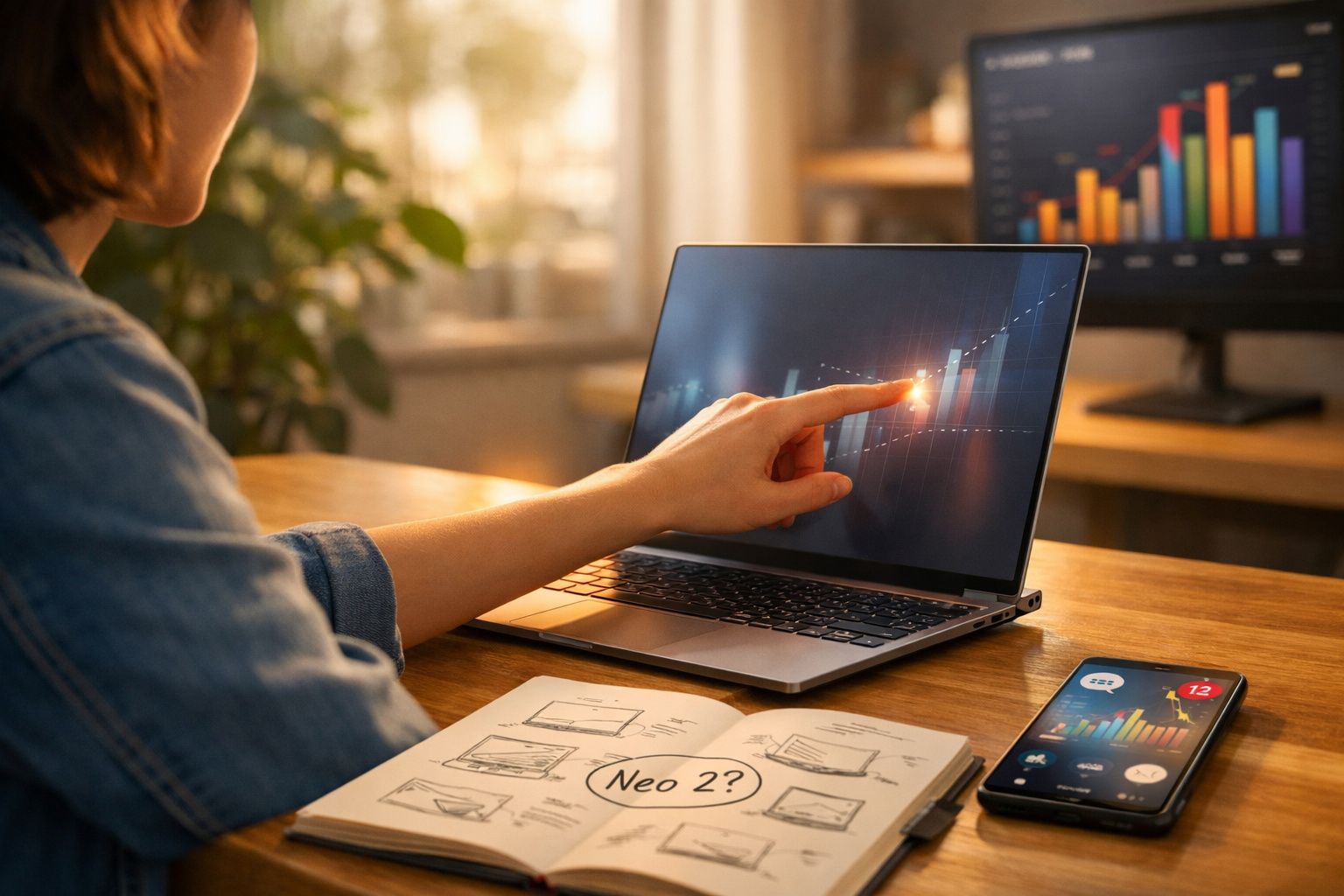 Pessoa a apontar para gráfico de barras em laptop, com telemóvel e caderno numa mesa de madeira.