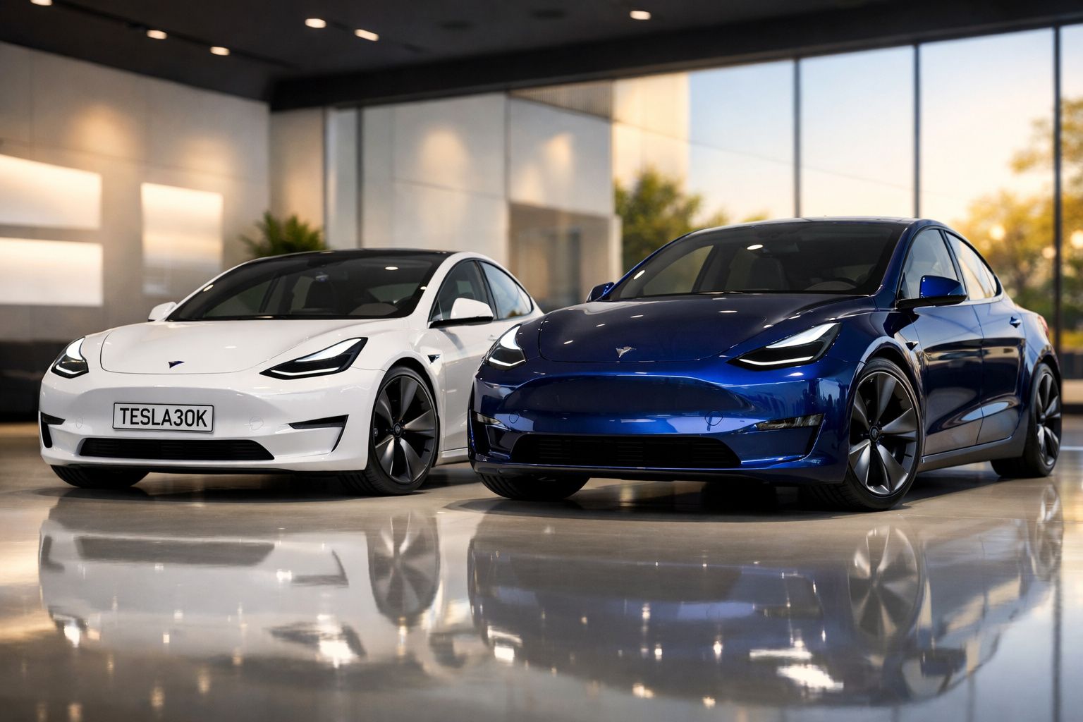 Dois carros Tesla Model 3, um branco e outro azul, estacionados num showroom com piso reflexivo.