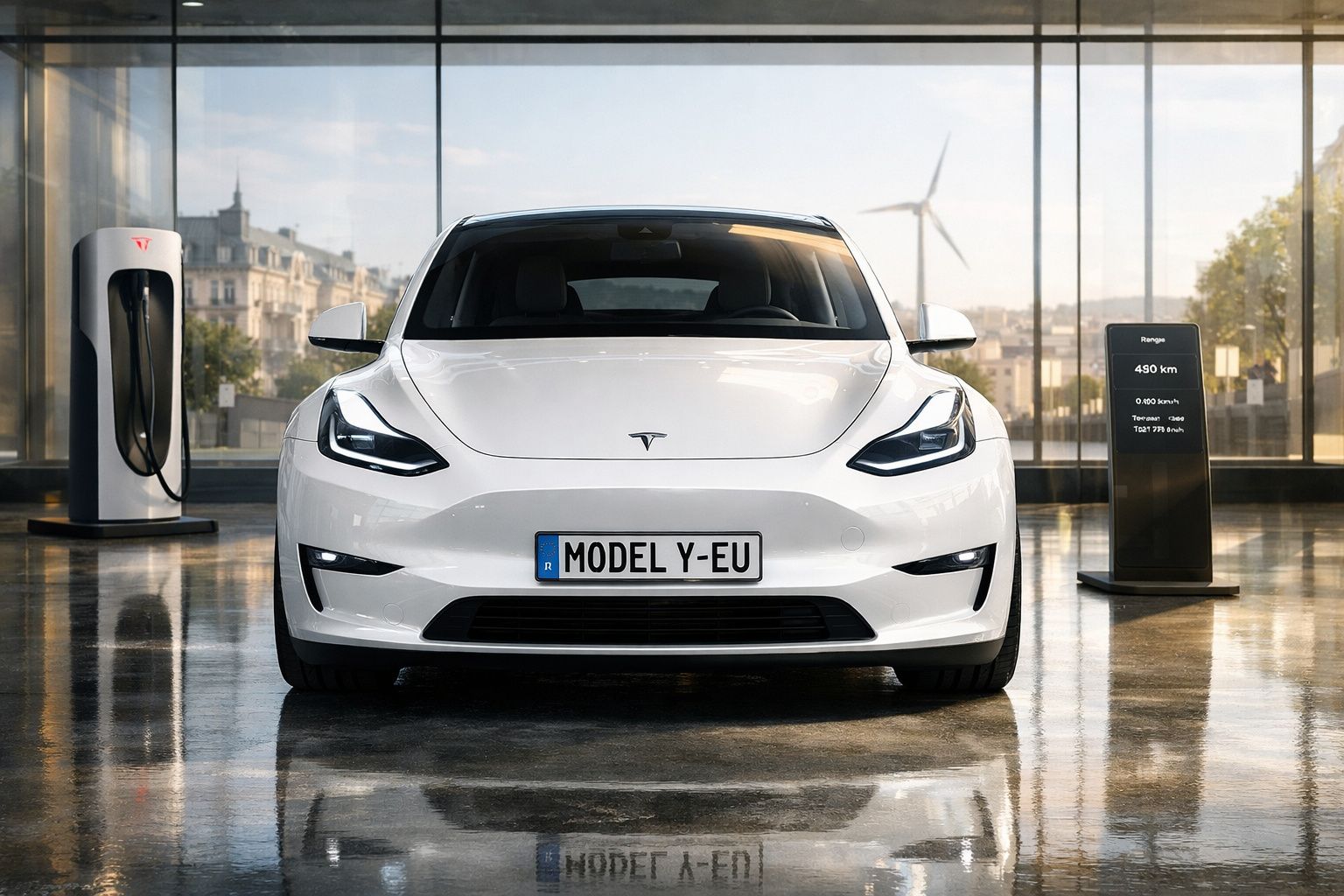 Carro elétrico Tesla Model Y branco estacionado em estação de carregamento com painel informativo ao lado.