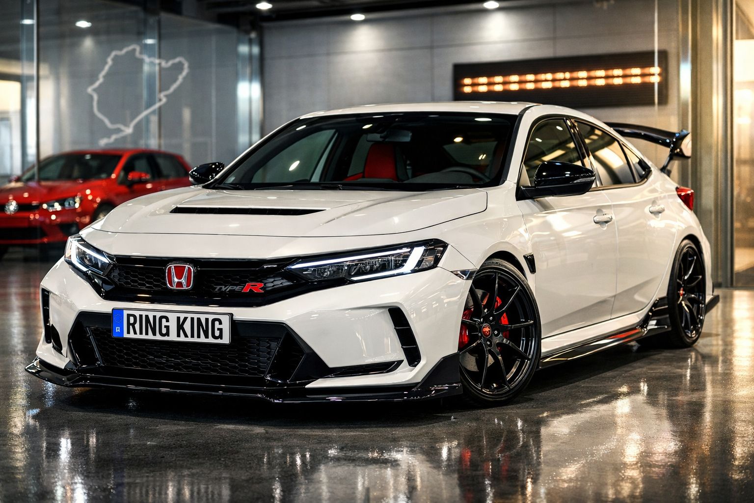 Honda Civic Type R branco com jantes pretas e pormenores vermelhos em exposição num showroom moderno.