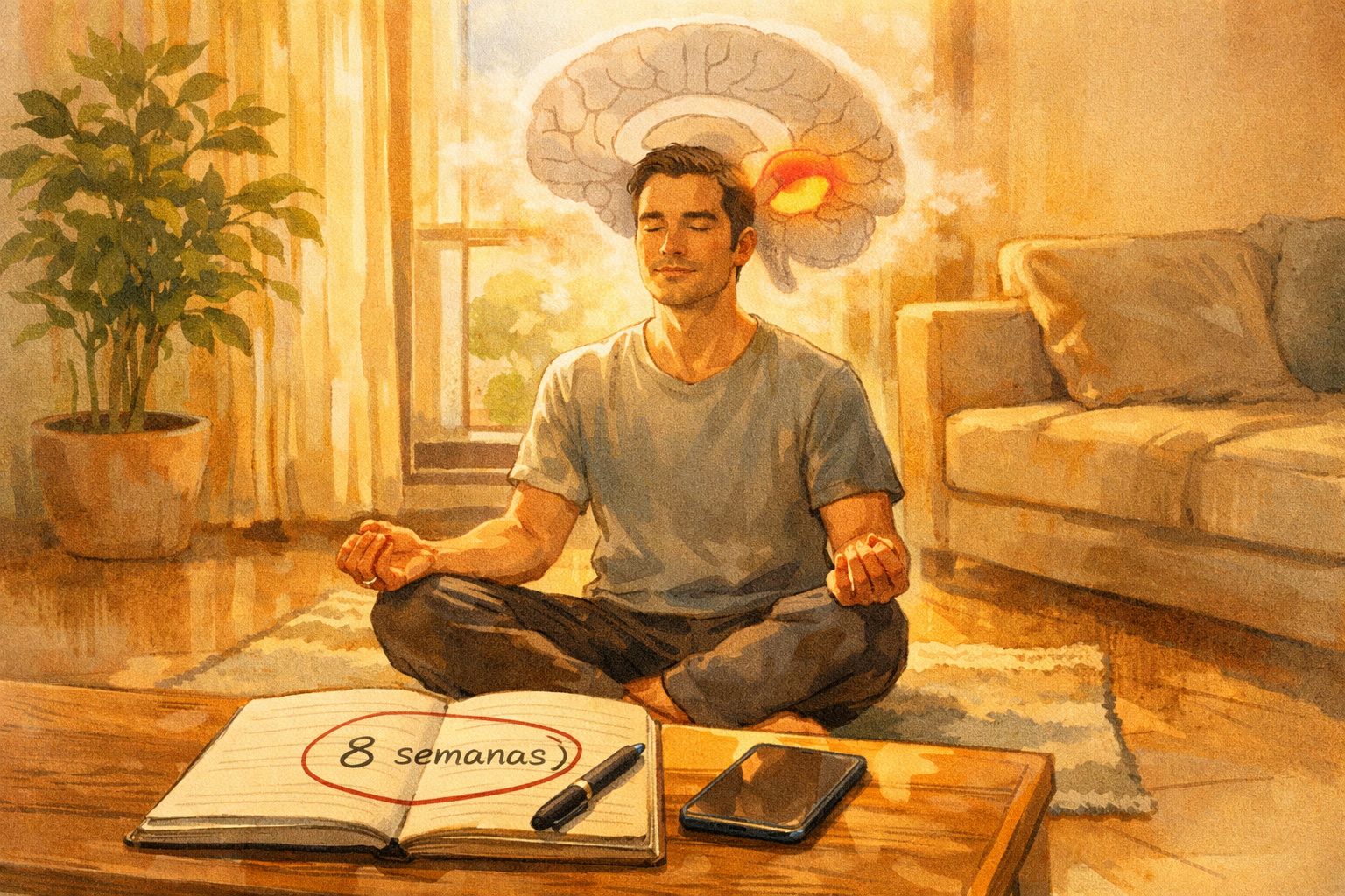 Homem sentado em posição de meditação com cérebro iluminado ao fundo, livro com "8 semanas", caneta e telemóvel.