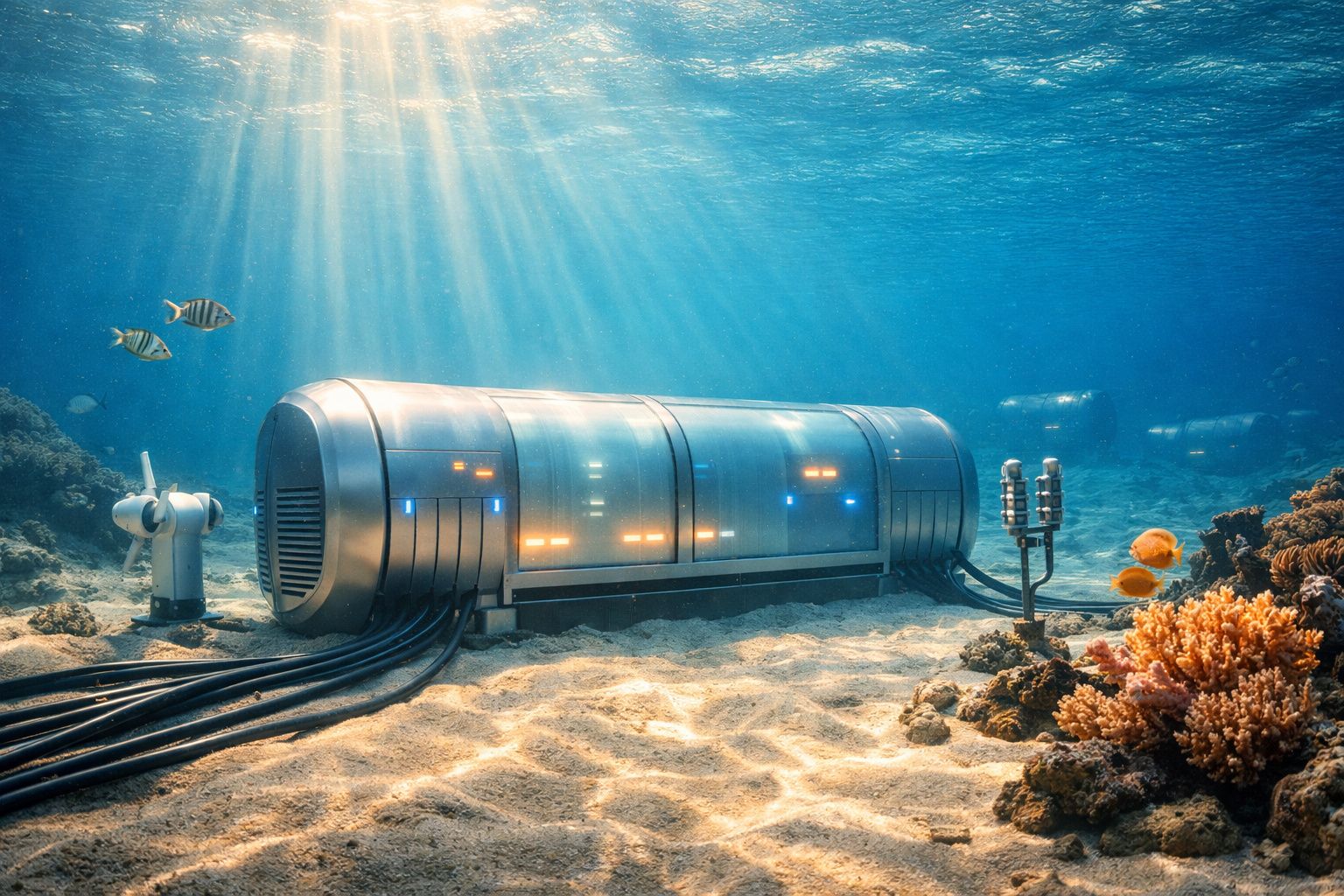 Equipamento tecnológico subaquático iluminado no fundo do mar junto a corais e peixes.