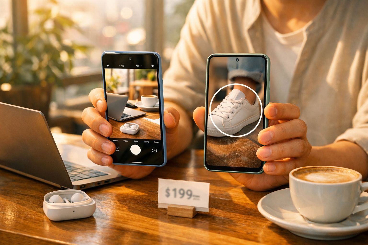 Pessoa a tirar foto a auscultadores e a usar aplicação de compras numa sapatilha branca, com portátil e café na mesa.