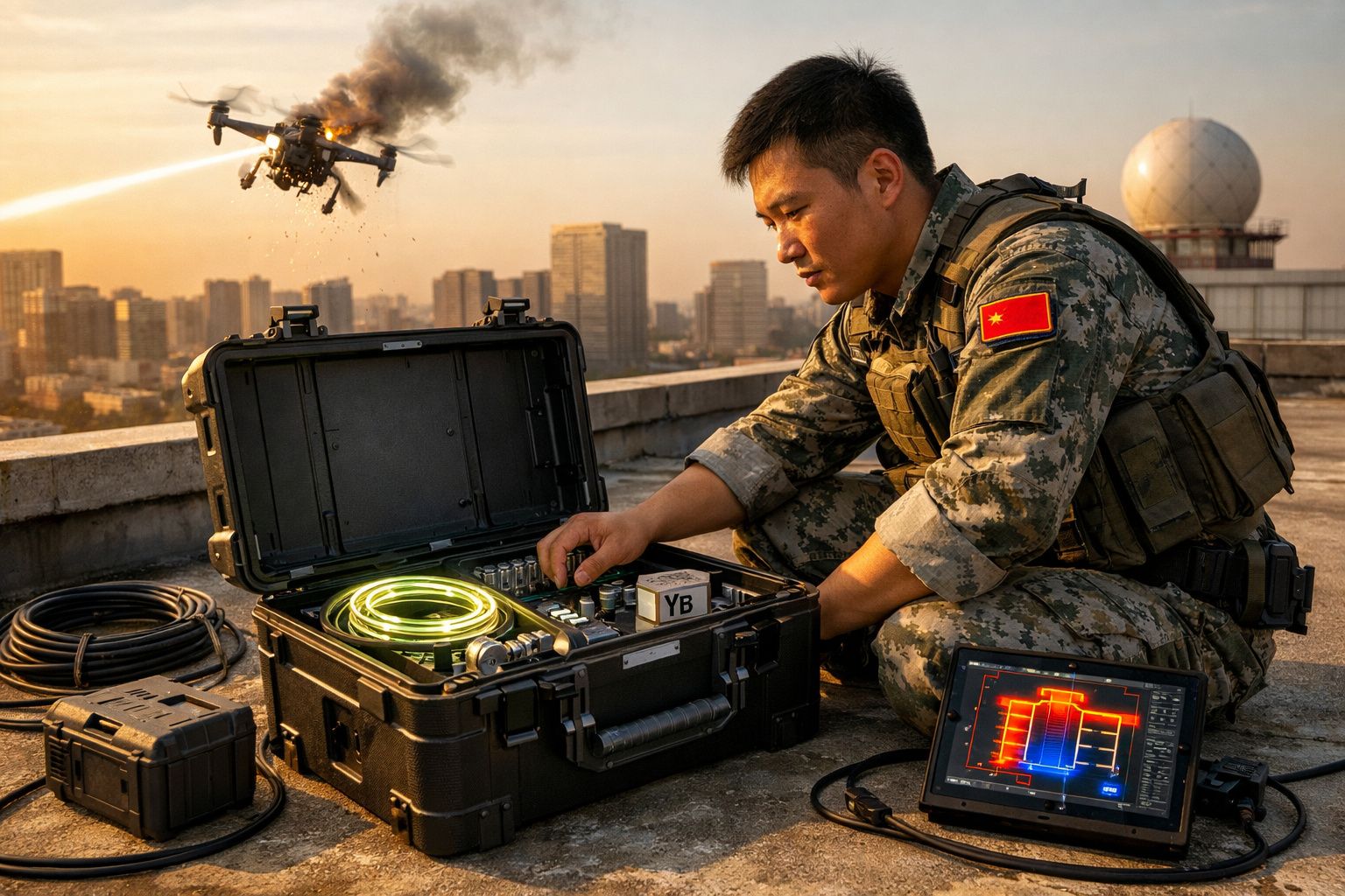 Soldado em uniforme camuflado opera equipamento eletrônico perto de drone em chamas num telhado urbano ao pôr do sol.