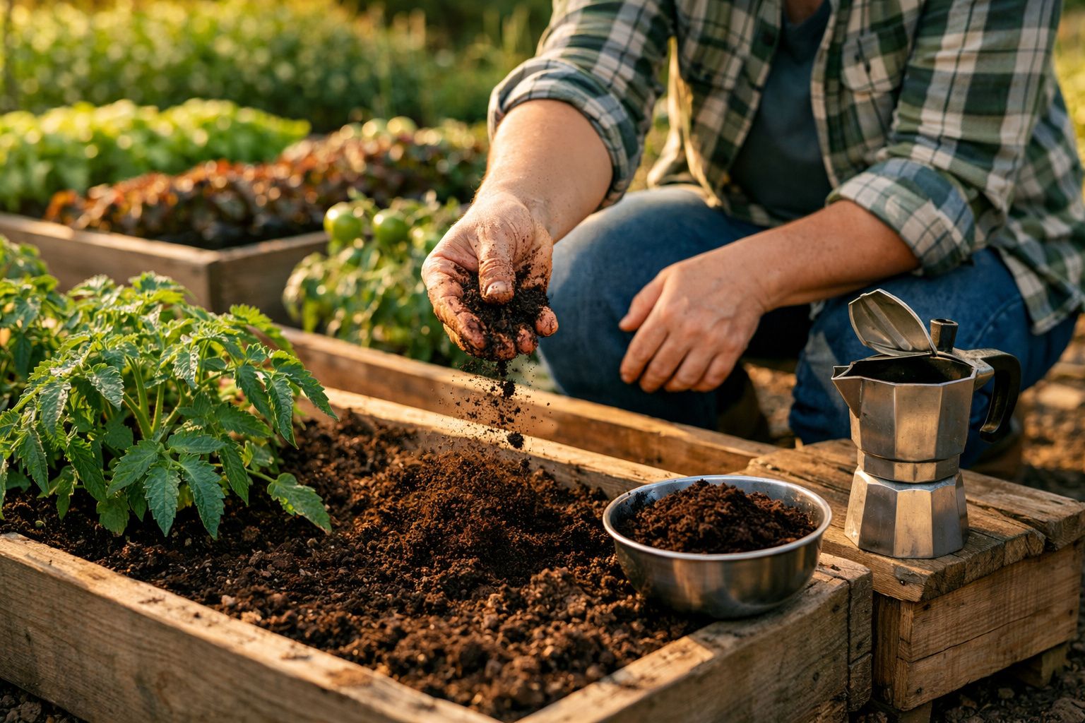 Pessoa a trabalhar na horta, a preparar terra para cultivo em canteiro de madeira, com cafeteira ao lado.