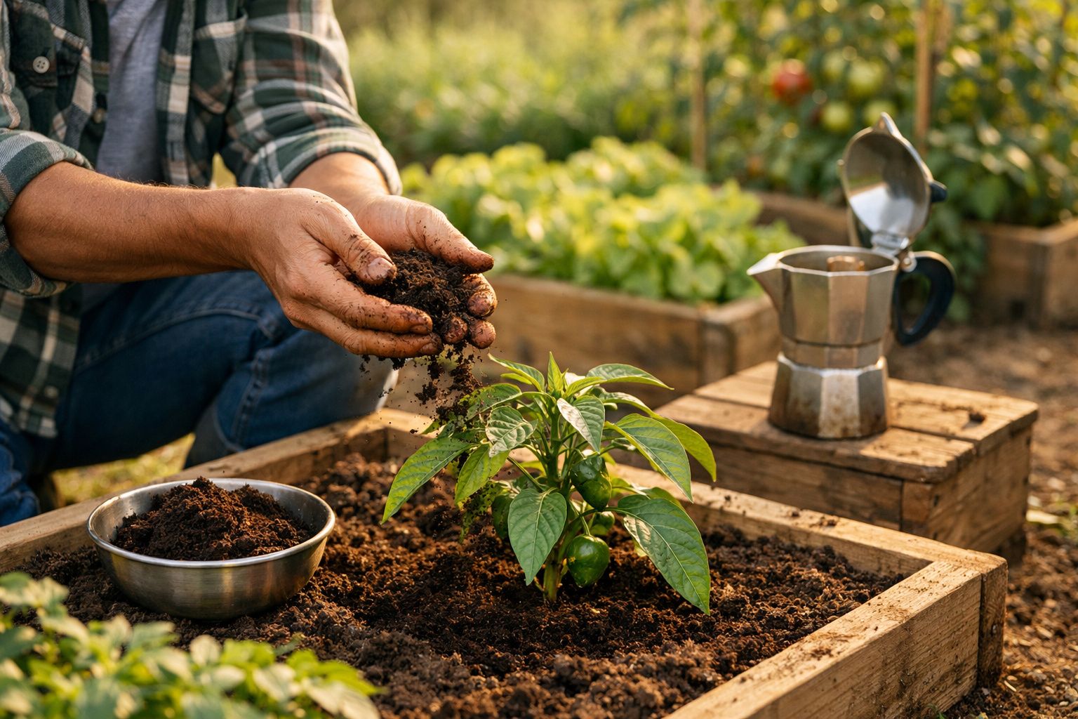 Pessoa a plantar uma jovem planta de pimento em caixa de madeira num jardim ao ar livre.
