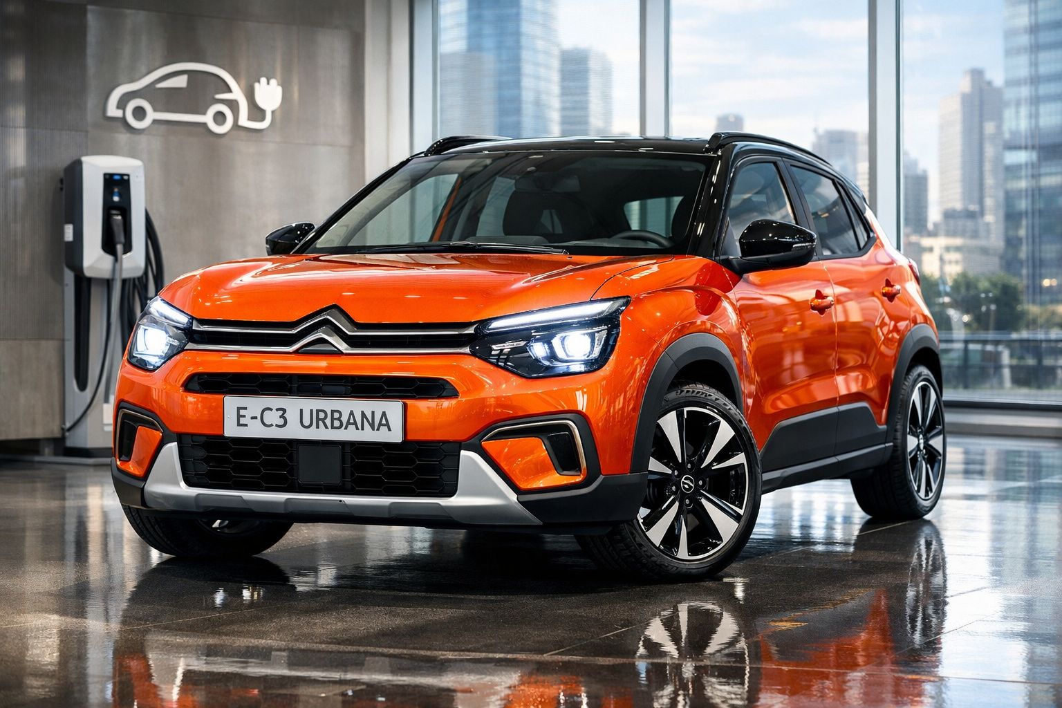 Automóvel elétrico Citroën E-C3 Urbana laranja numa garagem com estação de carregamento.