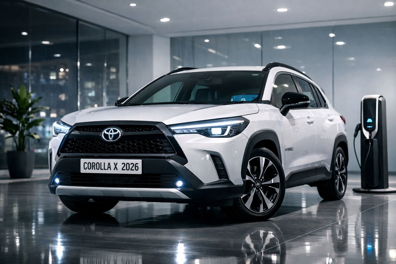 Toyota Corolla X 2026 branco em ambiente interior com carregador elétrico ao lado, faróis acesos.