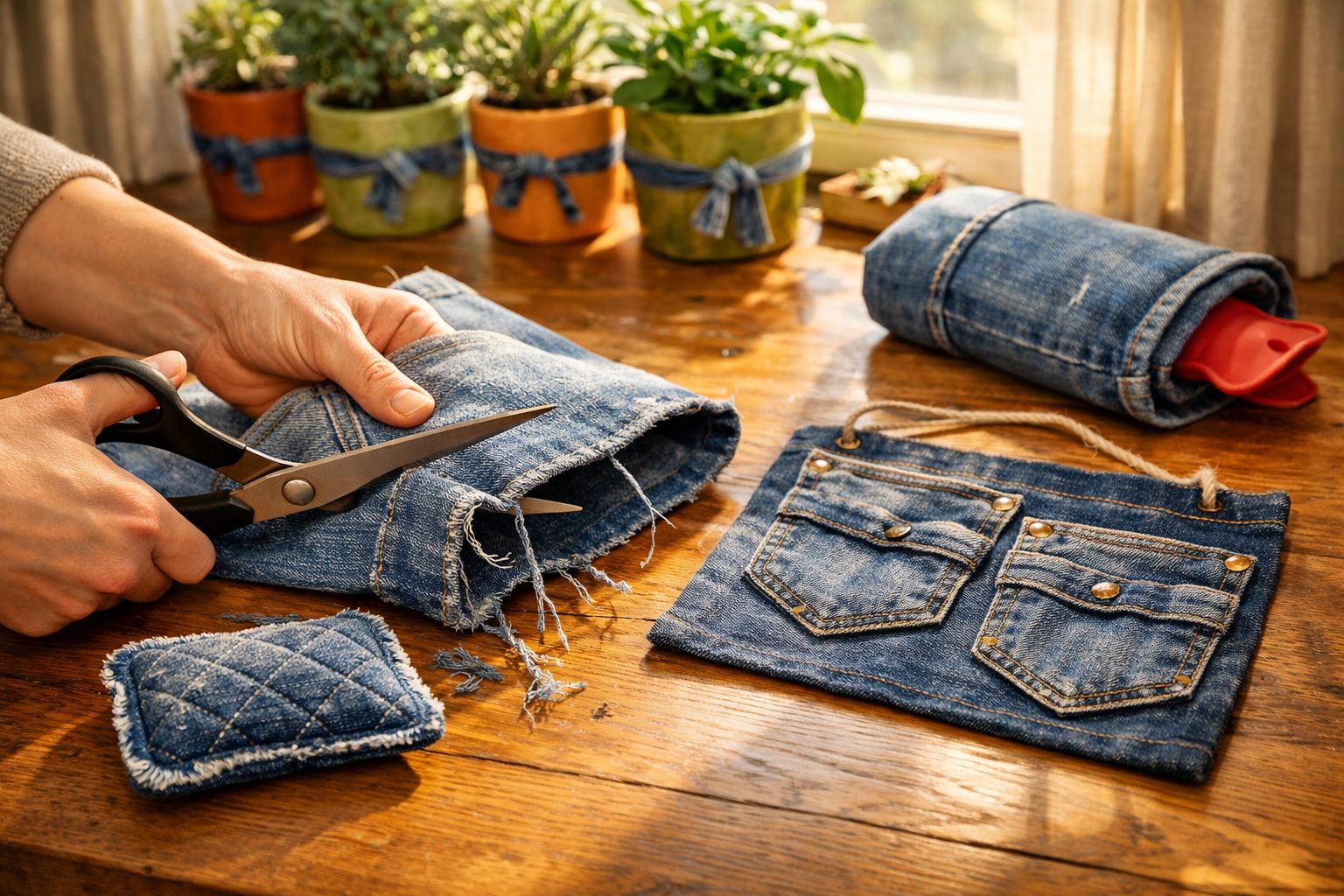 Pessoa a cortar calças de ganga para criar um suporte artesanal e um saco decorativo numa mesa de madeira.
