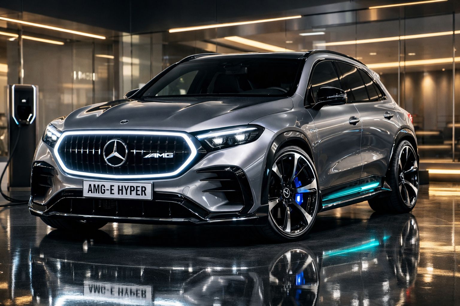 Carro elétrico Mercedes-Benz AMG-E Hyper cinza metálico estacionado em ambiente moderno e iluminado.
