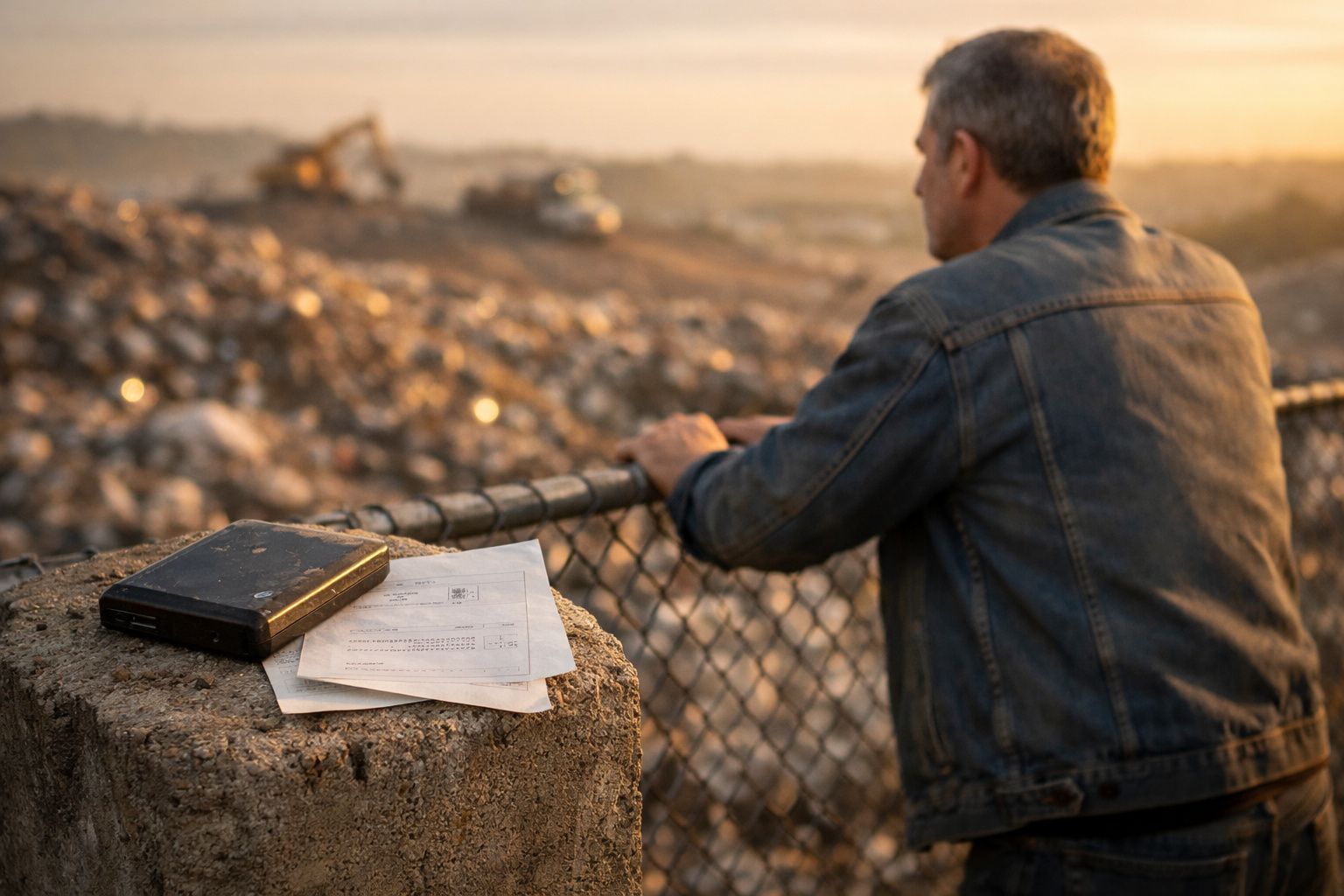Homem encostado numa vedação de metal a olhar para uma área de aterro com papéis e uma carteira sobre um pilar de cimento.