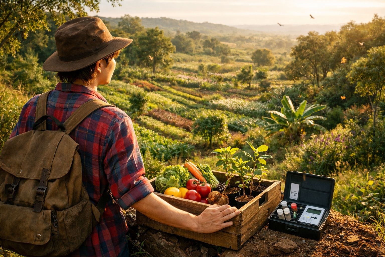 Agricultor com chapéu observa plantação, segurando caixa com legumes frescos e equipamento de análise.