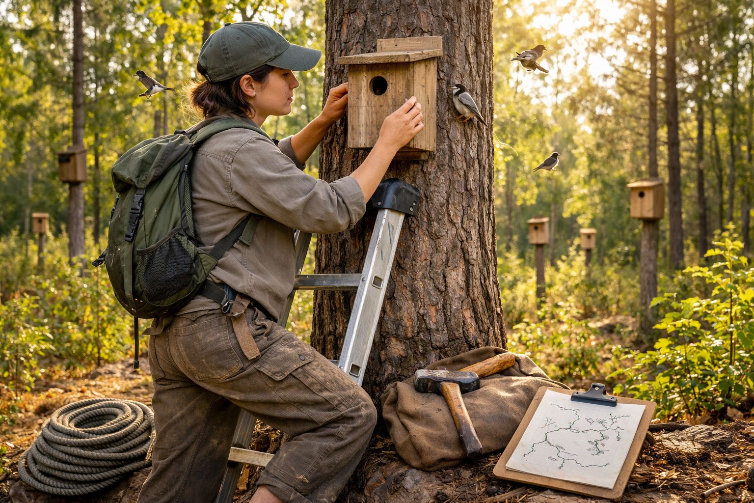 Pessoa a instalar uma casa de pássaros numa floresta, com vários pássaros ao redor e ferramentas no chão.
