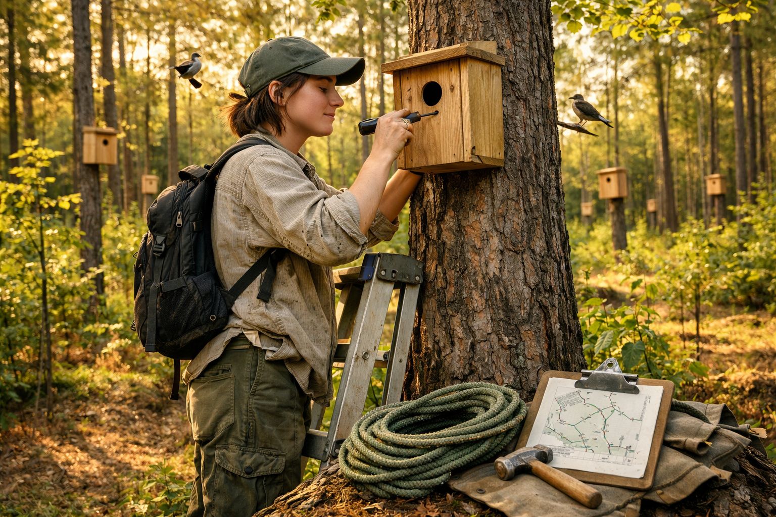 Pessoa a instalar casa de pássaros numa árvore numa floresta durante o pôr do sol.