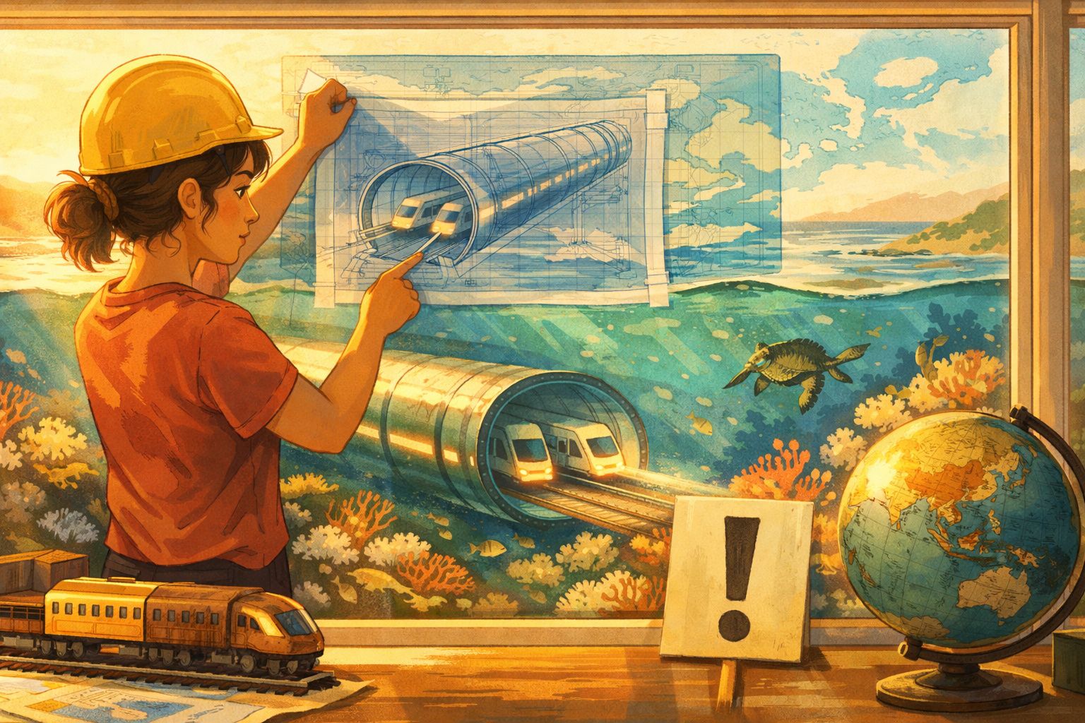 Mulher com capacete a desenhar túnel submarino para comboios em aquário com globo terrestre e modelo de comboio.