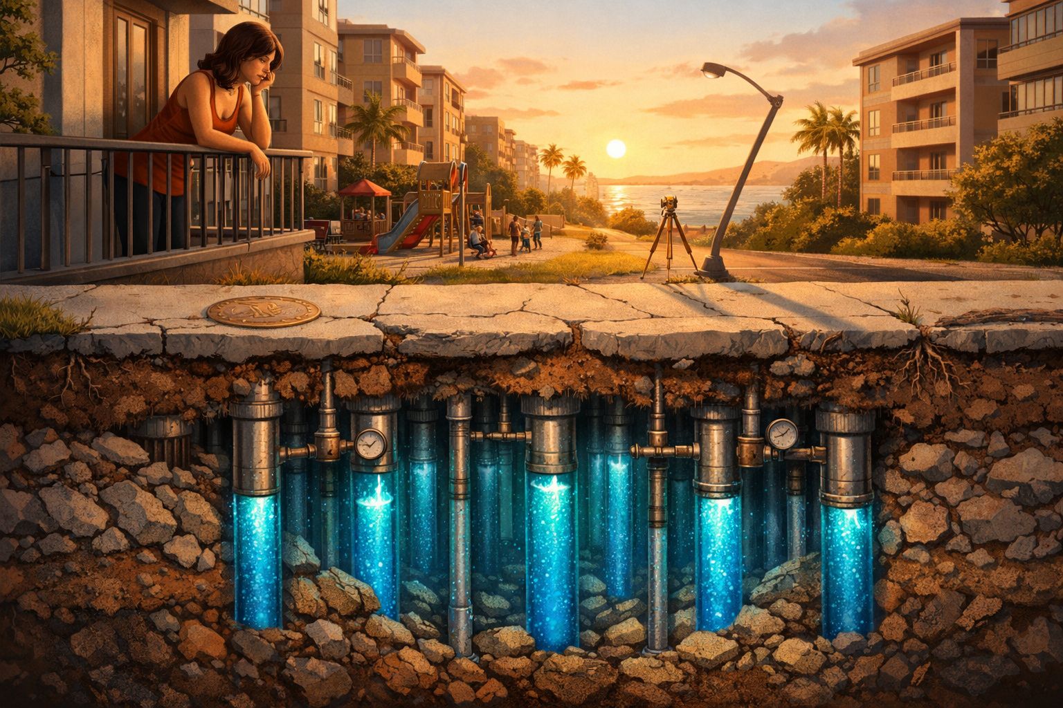 Pessoa observa encanamentos subterrâneos com água luminosa, em cenário urbano ao pôr do sol junto ao mar.